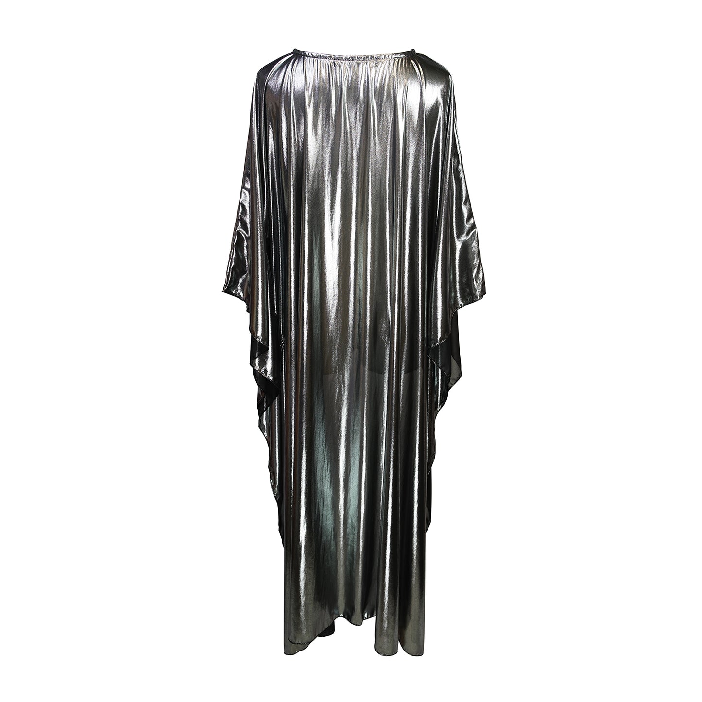 Model wears metallic chrome high low caftan style top
