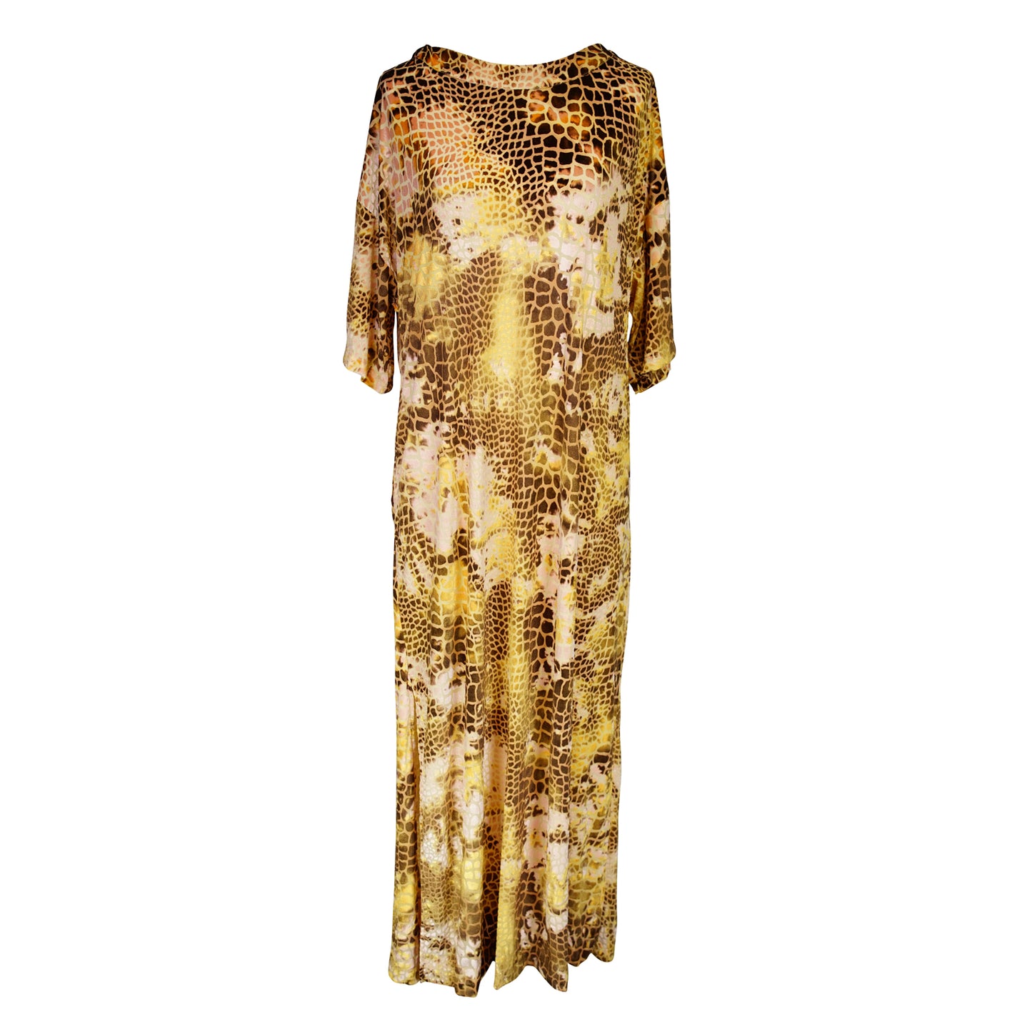 Giraffe velvet side split tunic. This yellow multishade tunic is made from velvet burnout in giraffe pattern. Light, floaty, and slinky it features a back keyhole closure, ankle length hem, mid-length sleeve, and knee length slits on both sides.