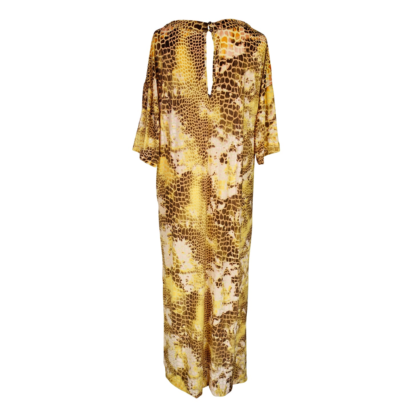 Giraffe velvet side split tunic. This yellow multishade tunic is made from velvet burnout in giraffe pattern. Light, floaty, and slinky it features a back keyhole closure, ankle length hem, mid-length sleeve, and knee length slits on both sides.
