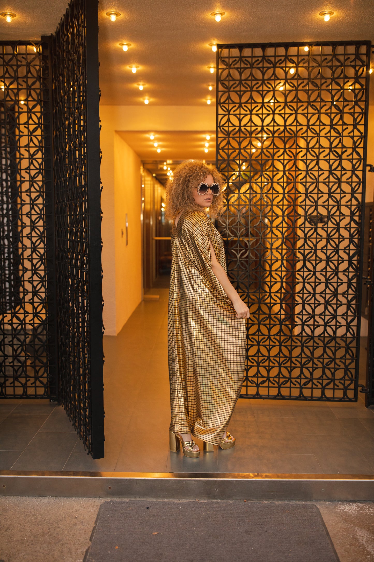 jennafer grace Gold Bar Holographic Caftan black with gleaming metallic gold geometric bar print kaftan festive disco studio 54 mumu shift dress coverup casual boho bohemian hippie beach resort spa lounge loungewear layering unisex handmade in California USA