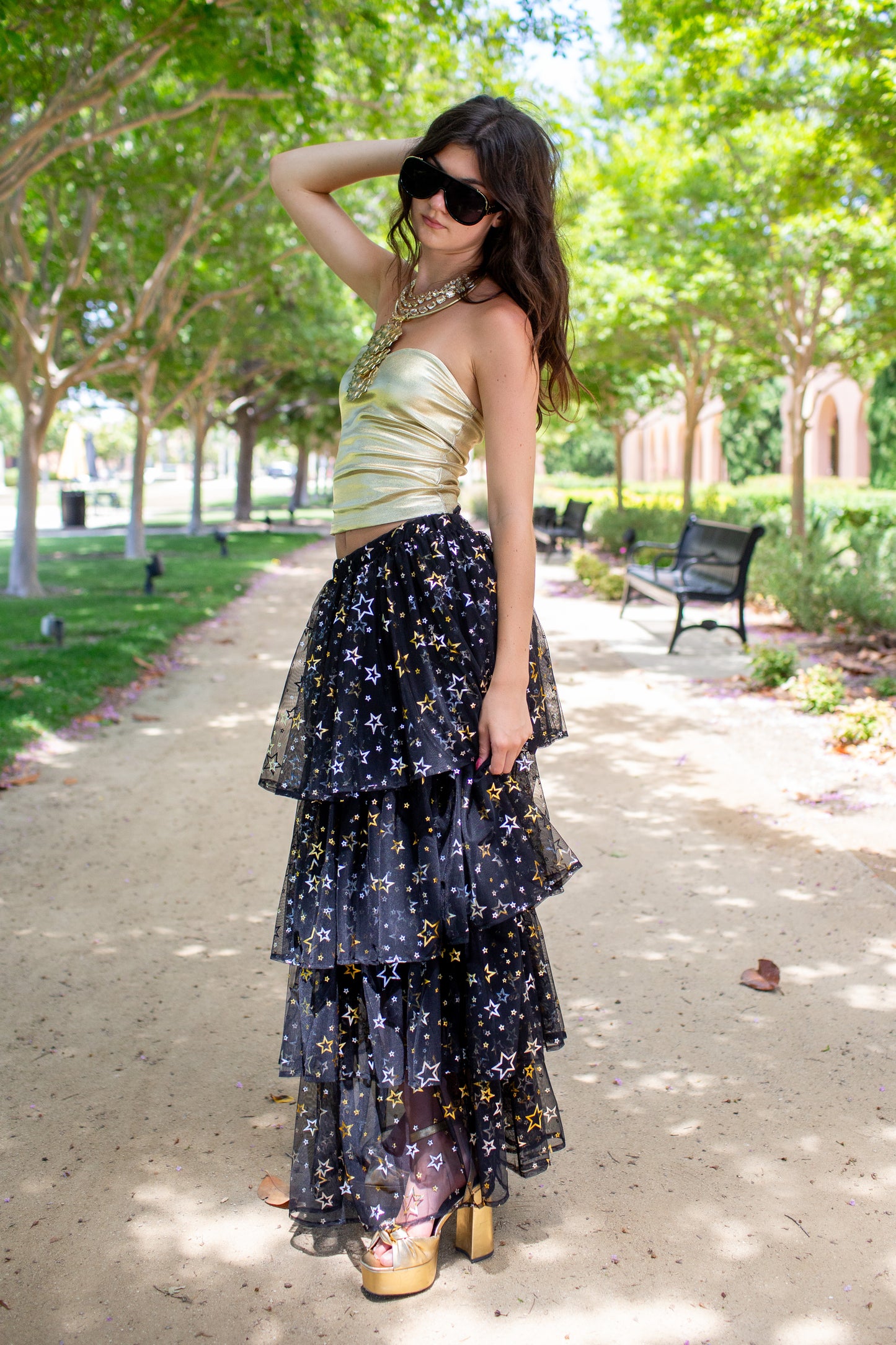 Golden Stars Tiered Maxi Skirt