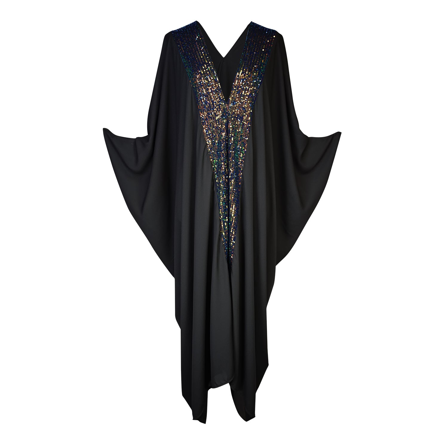 Jennafer Grace Gryphon Deluxe caftan made from a semi-opaque black georgette chiffon with an iridescent soft sequin lapel. Creating a v-neck, the sequins lapel that meets in center and goes down front and back, creating a Y shaped design. Featuring batwing sleeves and ankle length hem. Unisex handmade in California USA.