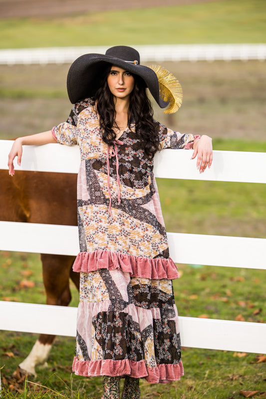 Jennafer Grace Hana Heather Velvet Ruffle maxi dress floral Japanese Wagara inspired print mauve blush pink velvet ruffle trim summer dress full circle skirt cuff sleeves boho bohemian hippie romantic whimsical unisex handmade in California USA