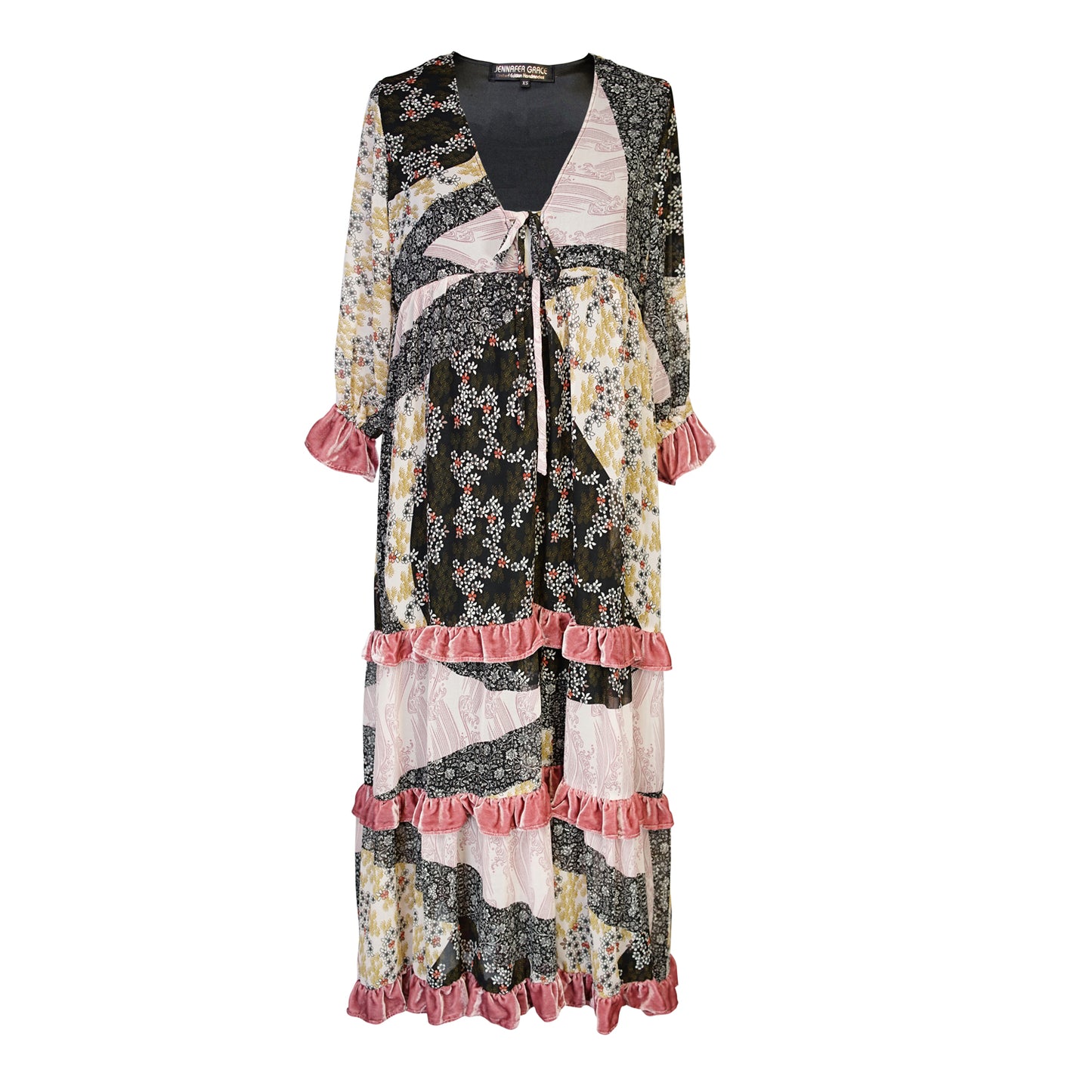 Jennafer Grace Hana Heather Velvet Ruffle maxi dress floral Japanese Wagara inspired print mauve blush pink velvet ruffle trim summer dress full circle skirt cuff sleeves boho bohemian hippie romantic whimsical unisex handmade in California USA