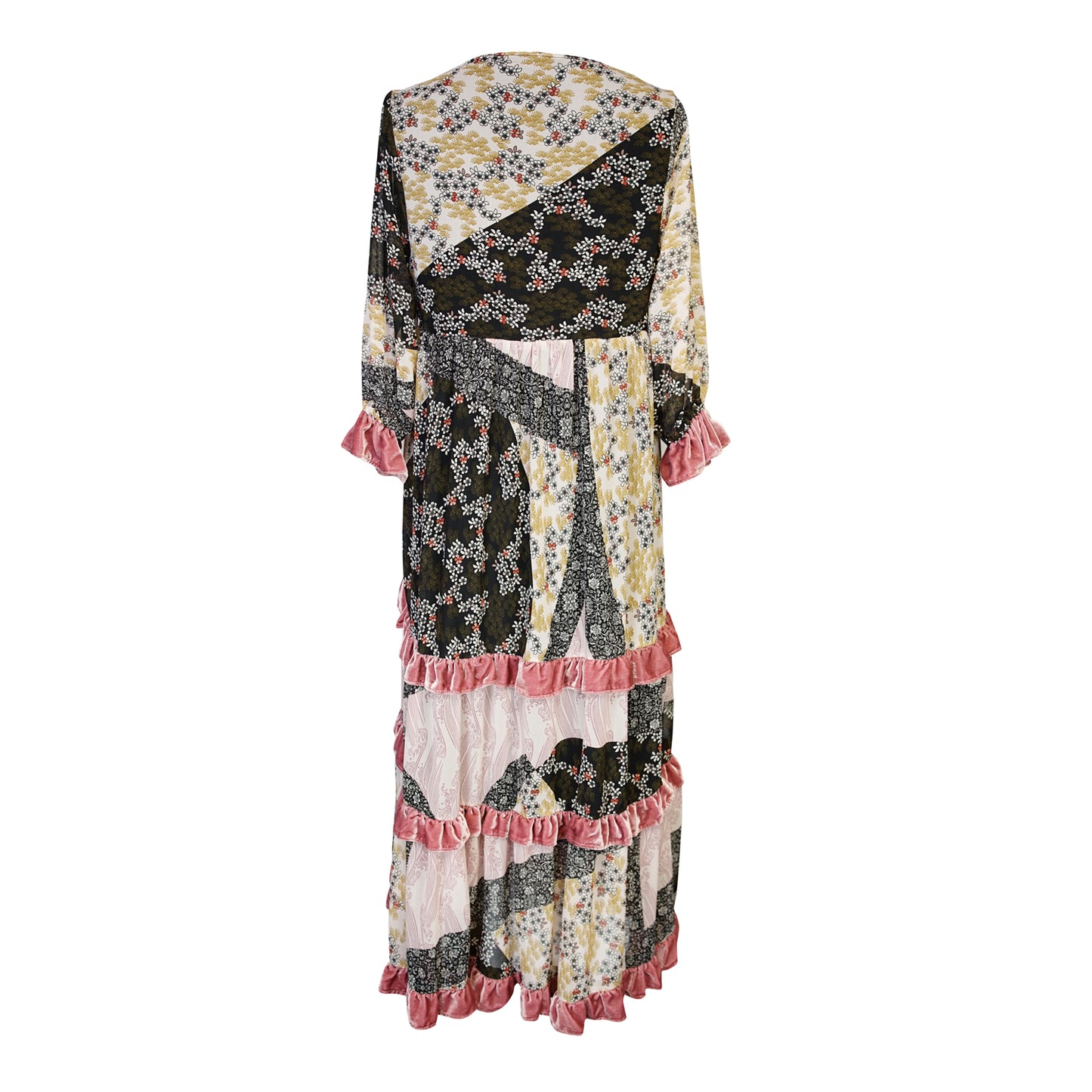 Jennafer Grace Hana Heather Velvet Ruffle maxi dress floral Japanese Wagara inspired print mauve blush pink velvet ruffle trim summer dress full circle skirt cuff sleeves boho bohemian hippie romantic whimsical unisex handmade in California USA