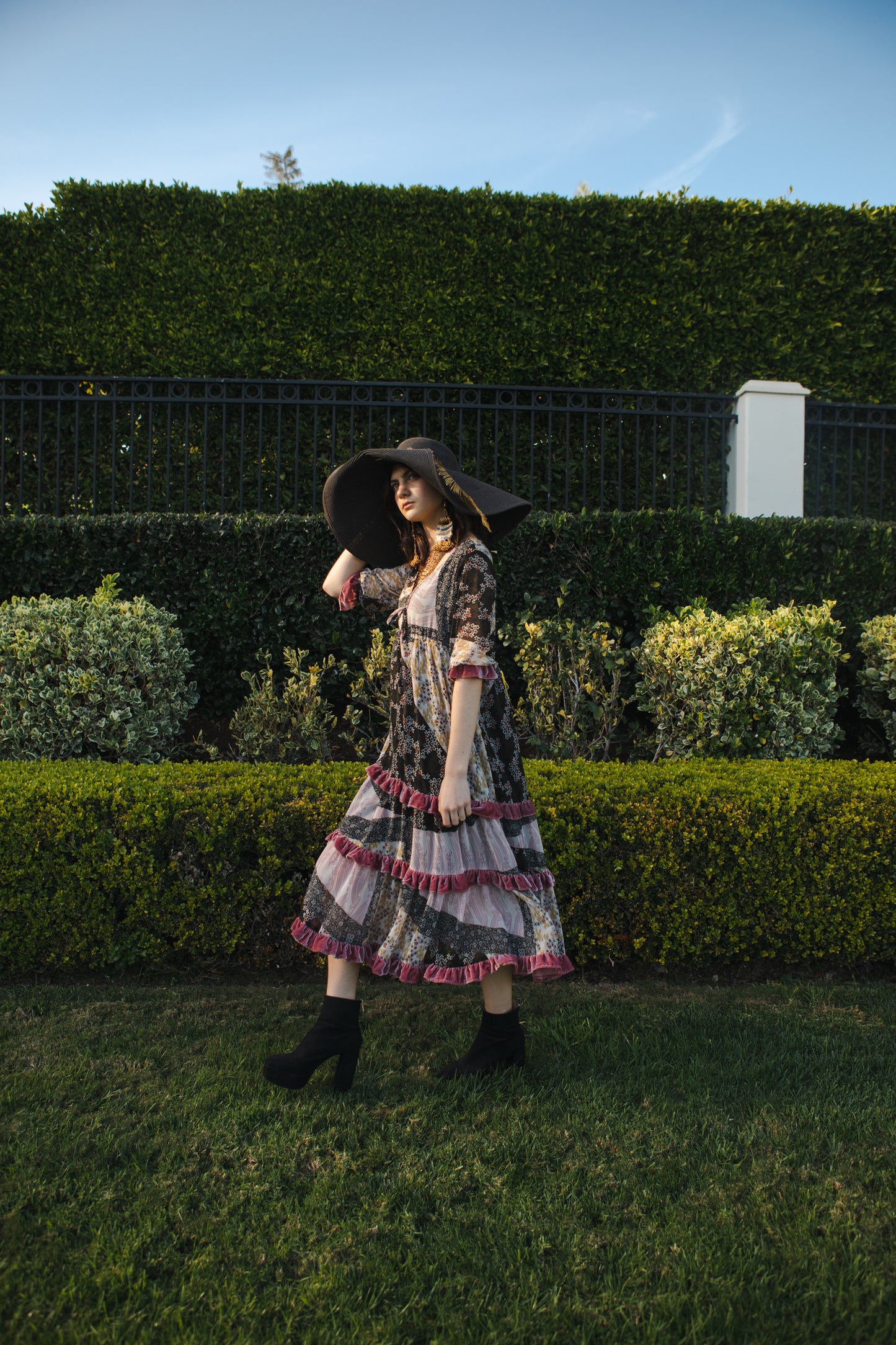 Jennafer Grace Hana Heather Velvet Ruffle maxi dress floral Japanese Wagara inspired print mauve blush pink velvet ruffle trim summer dress full circle skirt cuff sleeves boho bohemian hippie romantic whimsical unisex handmade in California USA