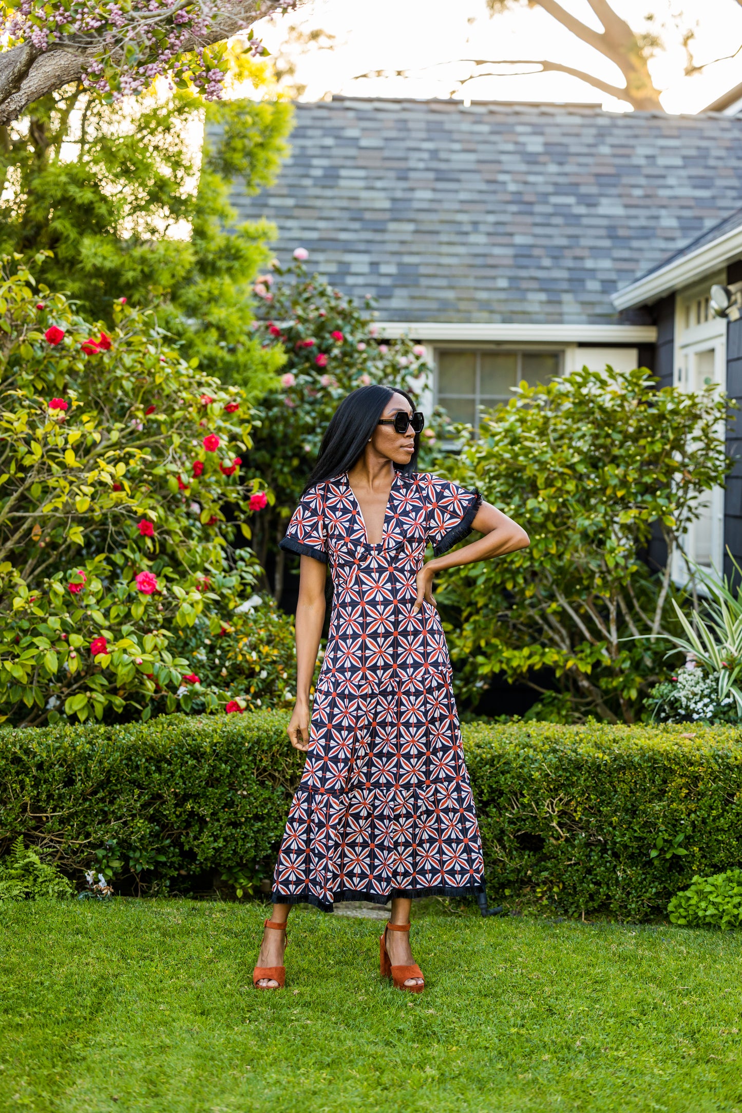 Brick Flower Cut Out Midi Dress-JG Loves