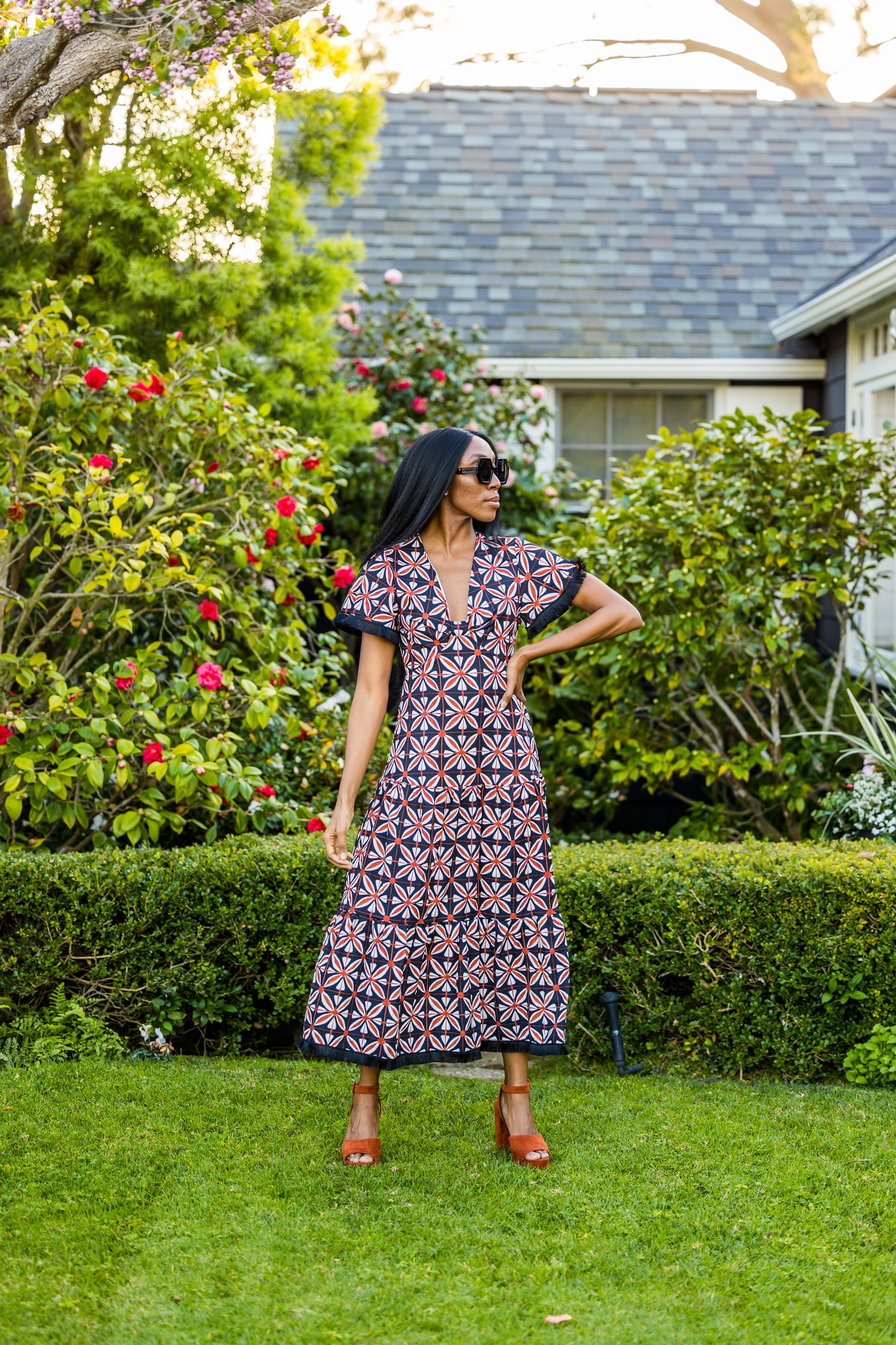 Brick Flower Cut Out Midi Dress-JG Loves