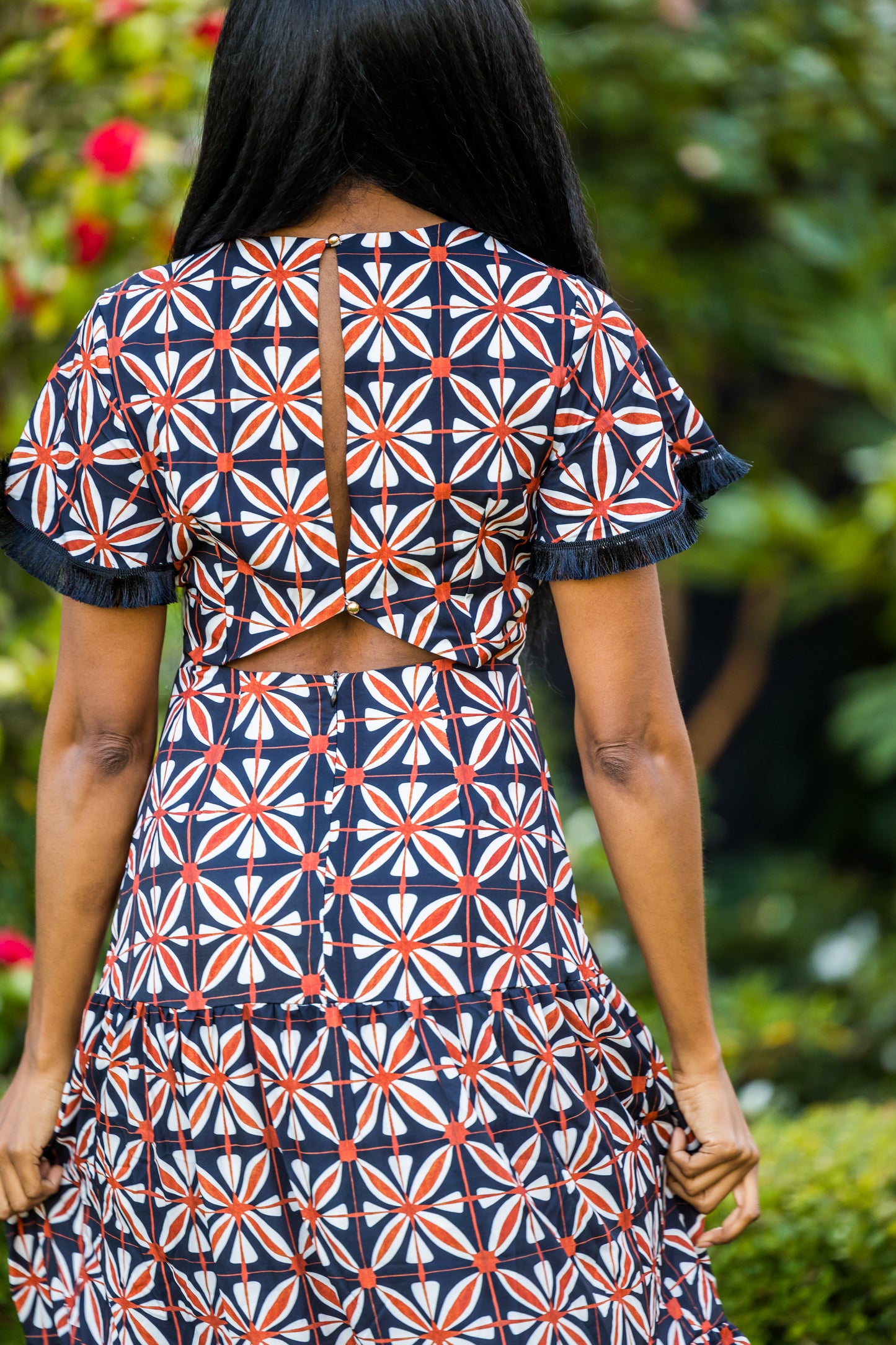 Brick Flower Cut Out Midi Dress-JG Loves