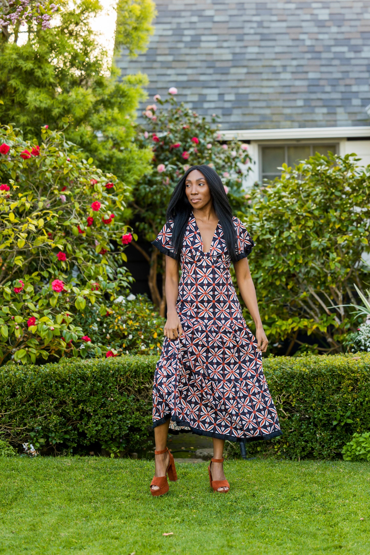 Brick Flower Cut Out Midi Dress-JG Loves