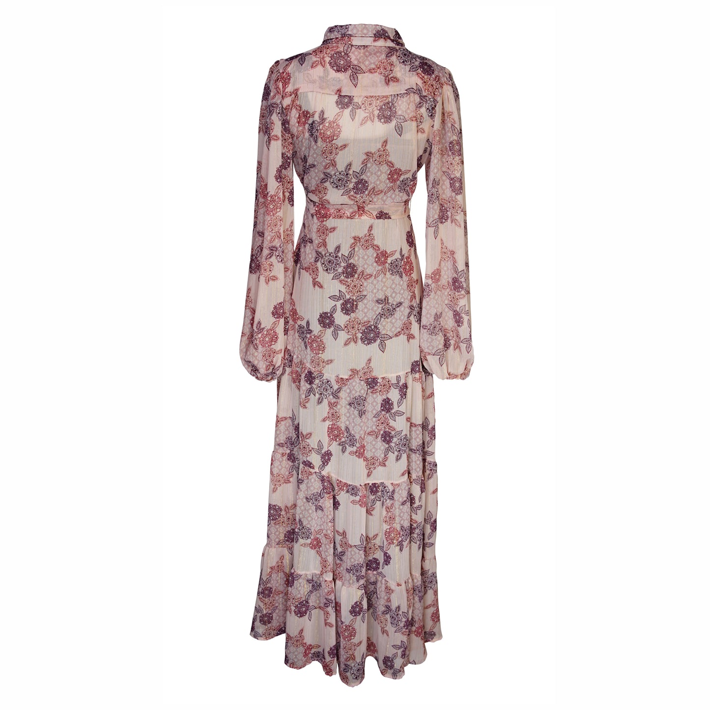 jennafer grace Henna Bookie Maxi Dress pale pink with purple mauve henna inspired floral print collared button up maxi dress cinched waist belt bishop sleeves boho bohemian hippie romantic whimsical summer holiday dress handmade in California USA