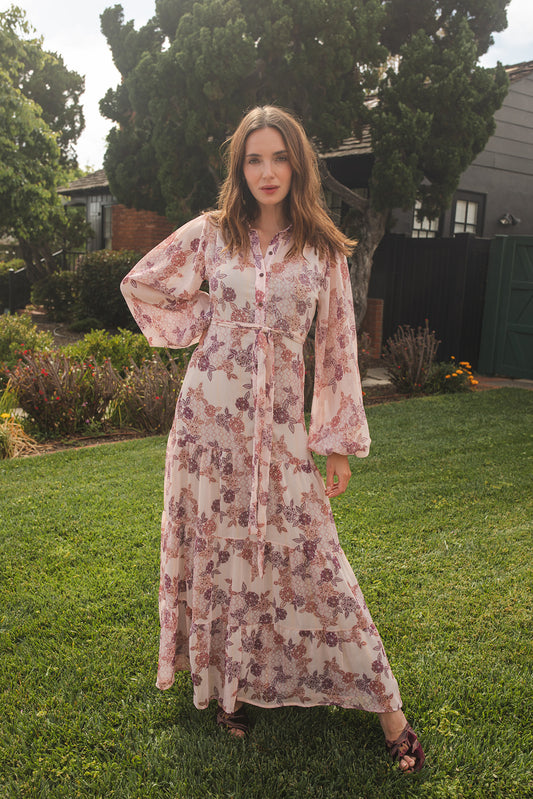 jennafer grace Henna Bookie Maxi Dress pale pink with purple mauve henna inspired floral print collared button up maxi dress cinched waist belt bishop sleeves boho bohemian hippie romantic whimsical summer holiday dress handmade in California USA