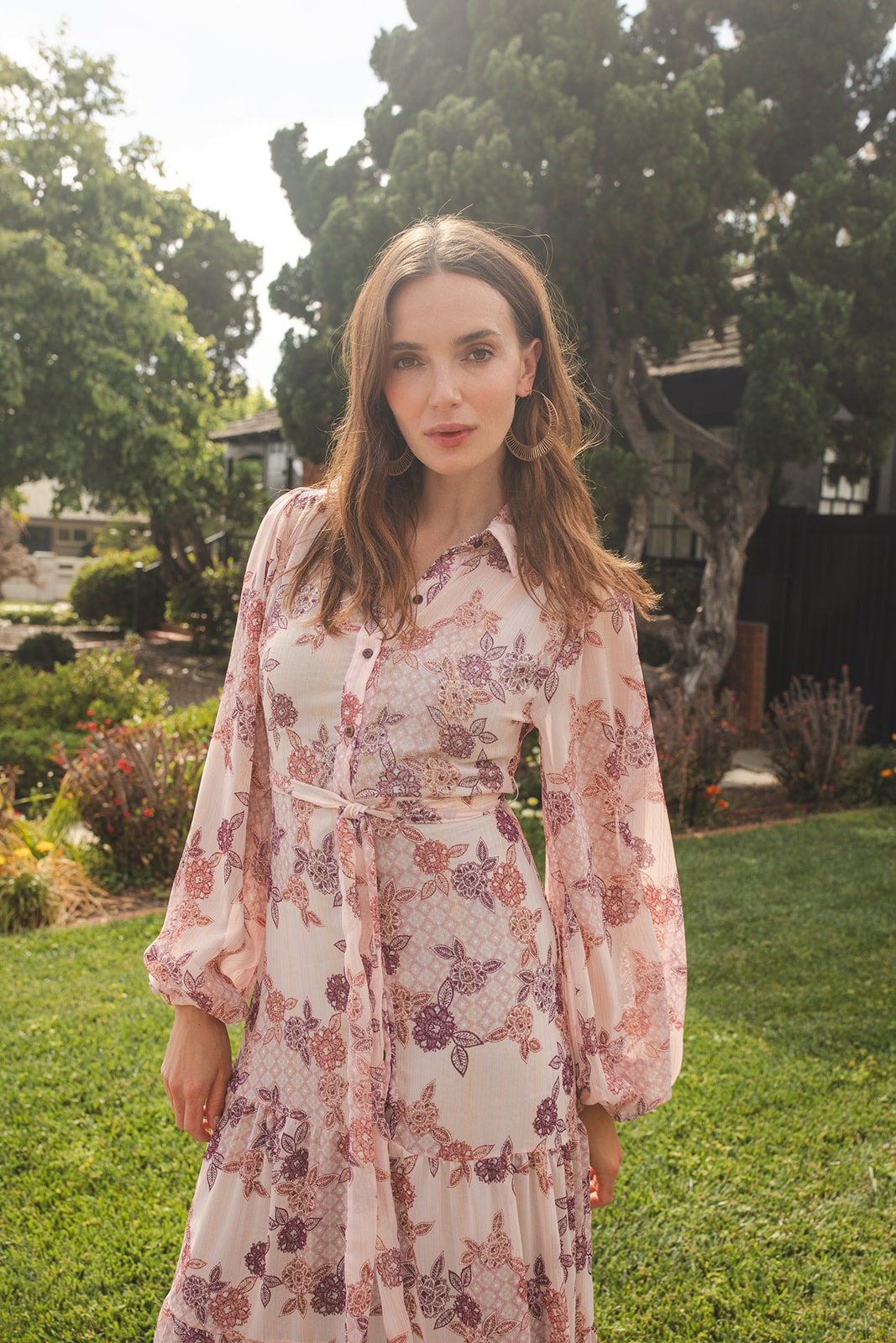 jennafer grace Henna Bookie Maxi Dress pale pink with purple mauve henna inspired floral print collared button up maxi dress cinched waist belt bishop sleeves boho bohemian hippie romantic whimsical summer holiday dress handmade in California USA