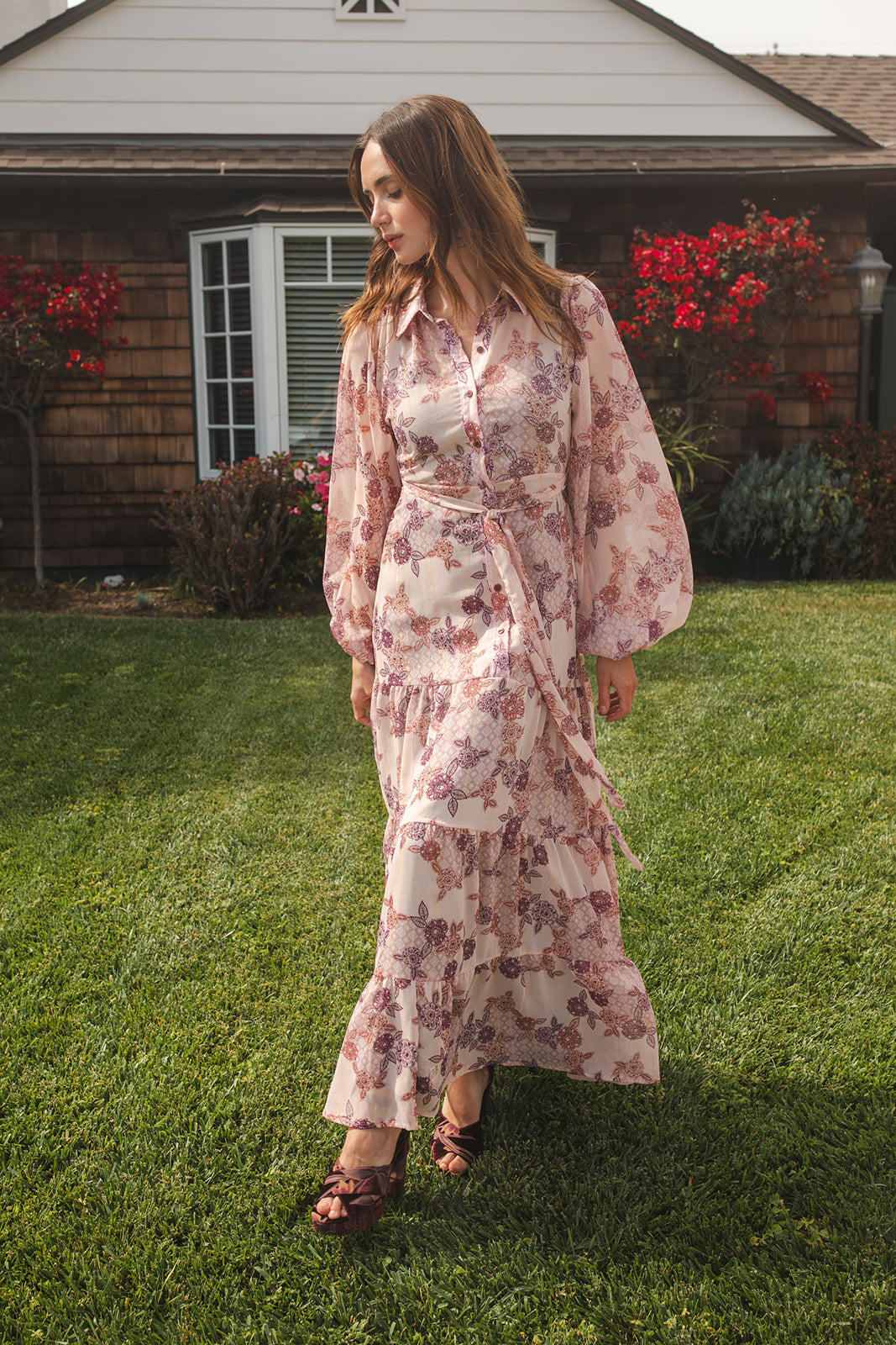 jennafer grace Henna Bookie Maxi Dress pale pink with purple mauve henna inspired floral print collared button up maxi dress cinched waist belt bishop sleeves boho bohemian hippie romantic whimsical summer holiday dress handmade in California USA