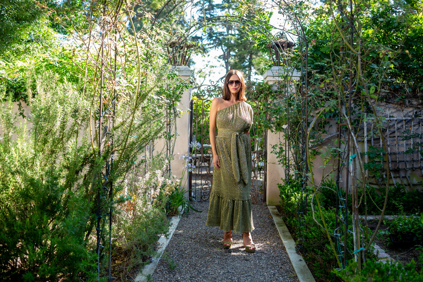 Honey Diamond Pleated One-Shoulder Maxi Dress