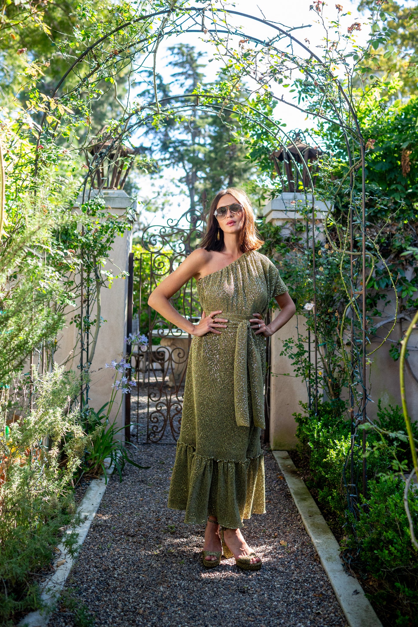 Honey Diamond Pleated One-Shoulder Maxi Dress