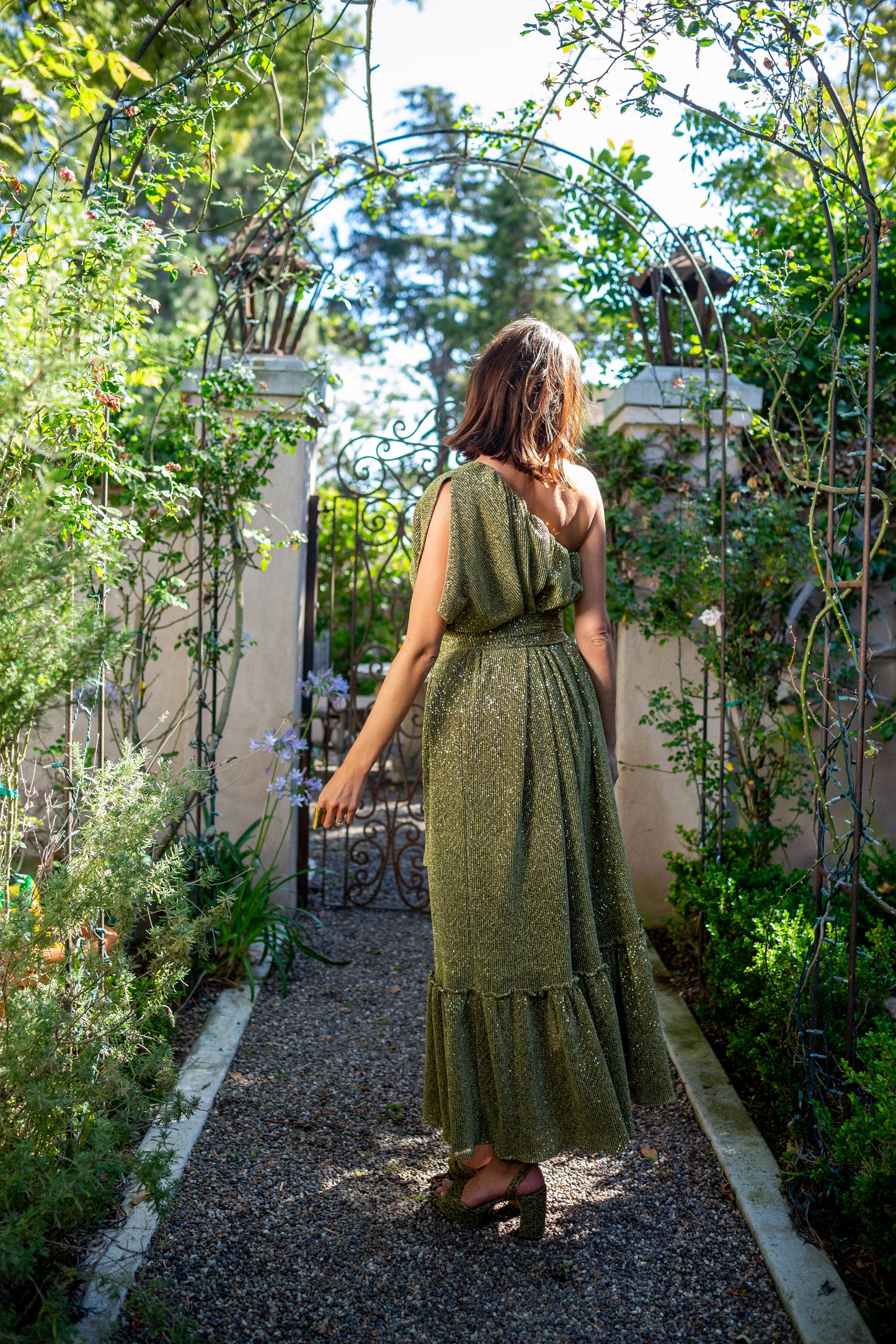 Honey Diamond Pleated One-Shoulder Maxi Dress