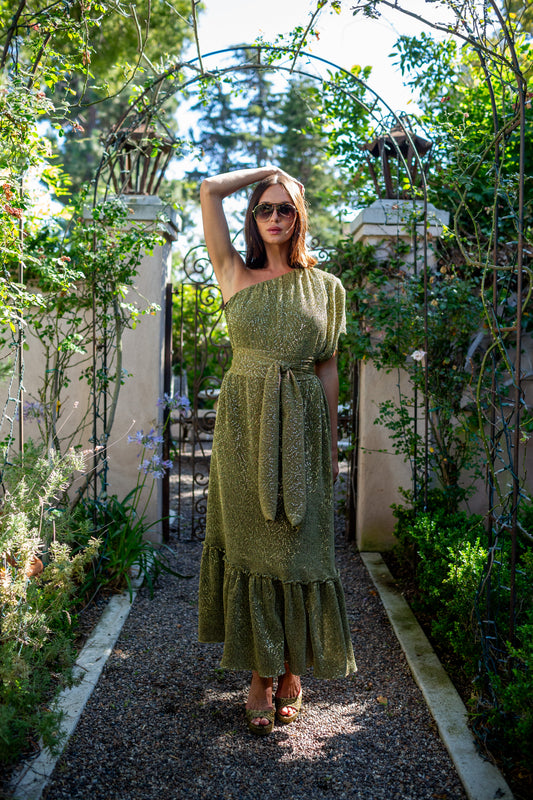 Honey Diamond Pleated One-Shoulder Maxi Dress