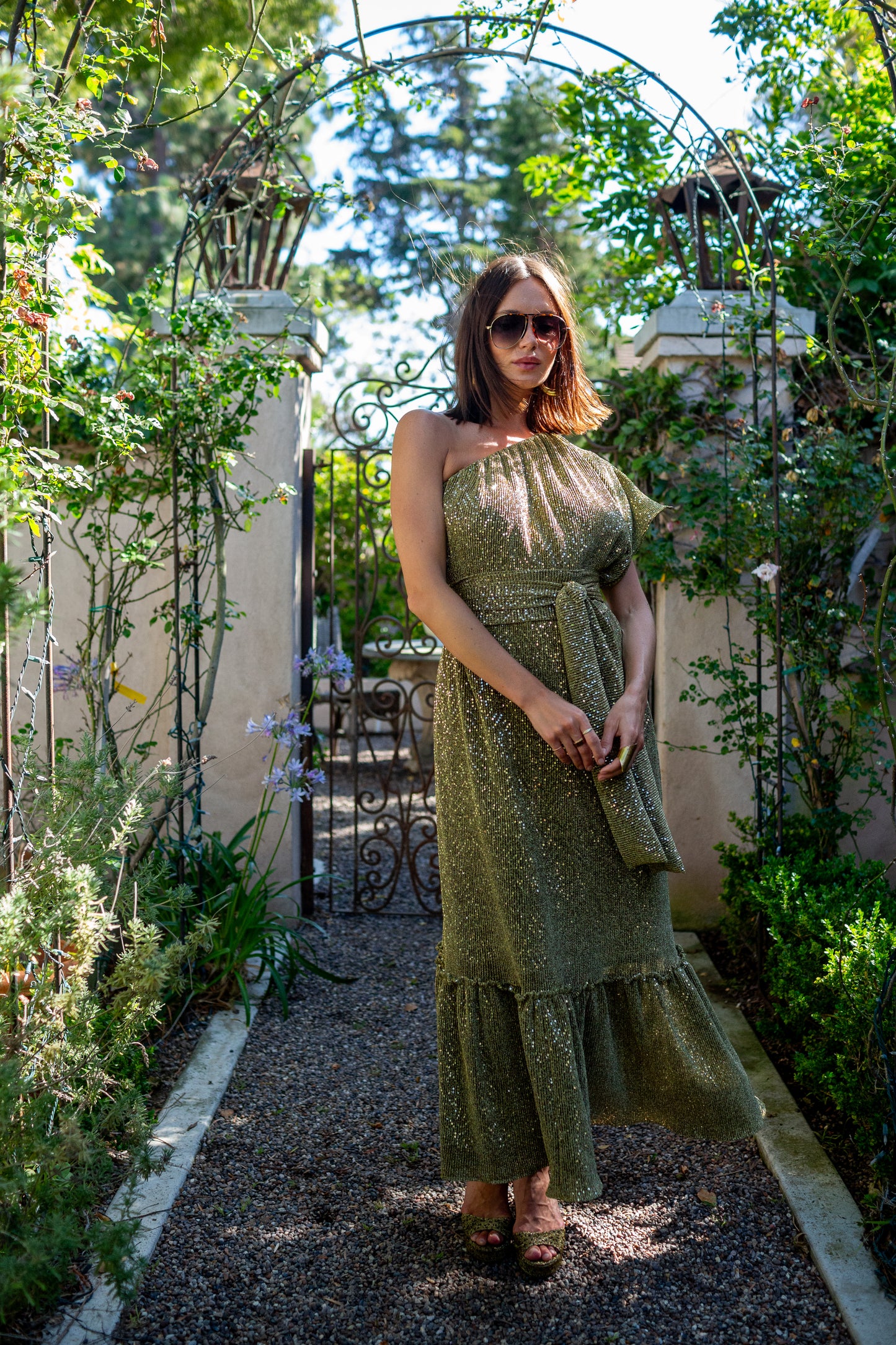Honey Diamond Pleated One-Shoulder Maxi Dress