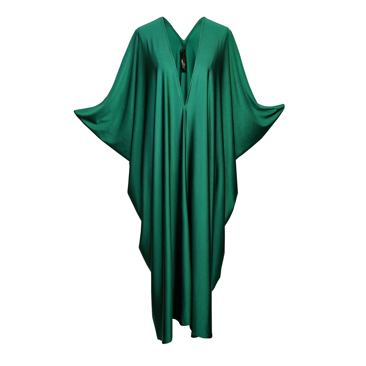 Elegant emerald green caftan made from jersey. Features a v-neck, batwing sleeves, and ankle hem.