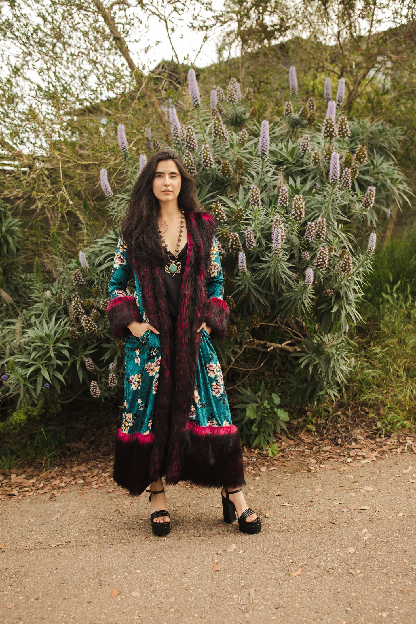 jennafer grace penny deluxe infernal spring faux fur velvet jacket hot pink fuchsia red and black faux fur on teal blue velvet dogwood flowers floral opera coat 1960s 1970s Almost Famous penny lane jacket boho bohemian hippie romantic whimsical unisex handmade in California USA