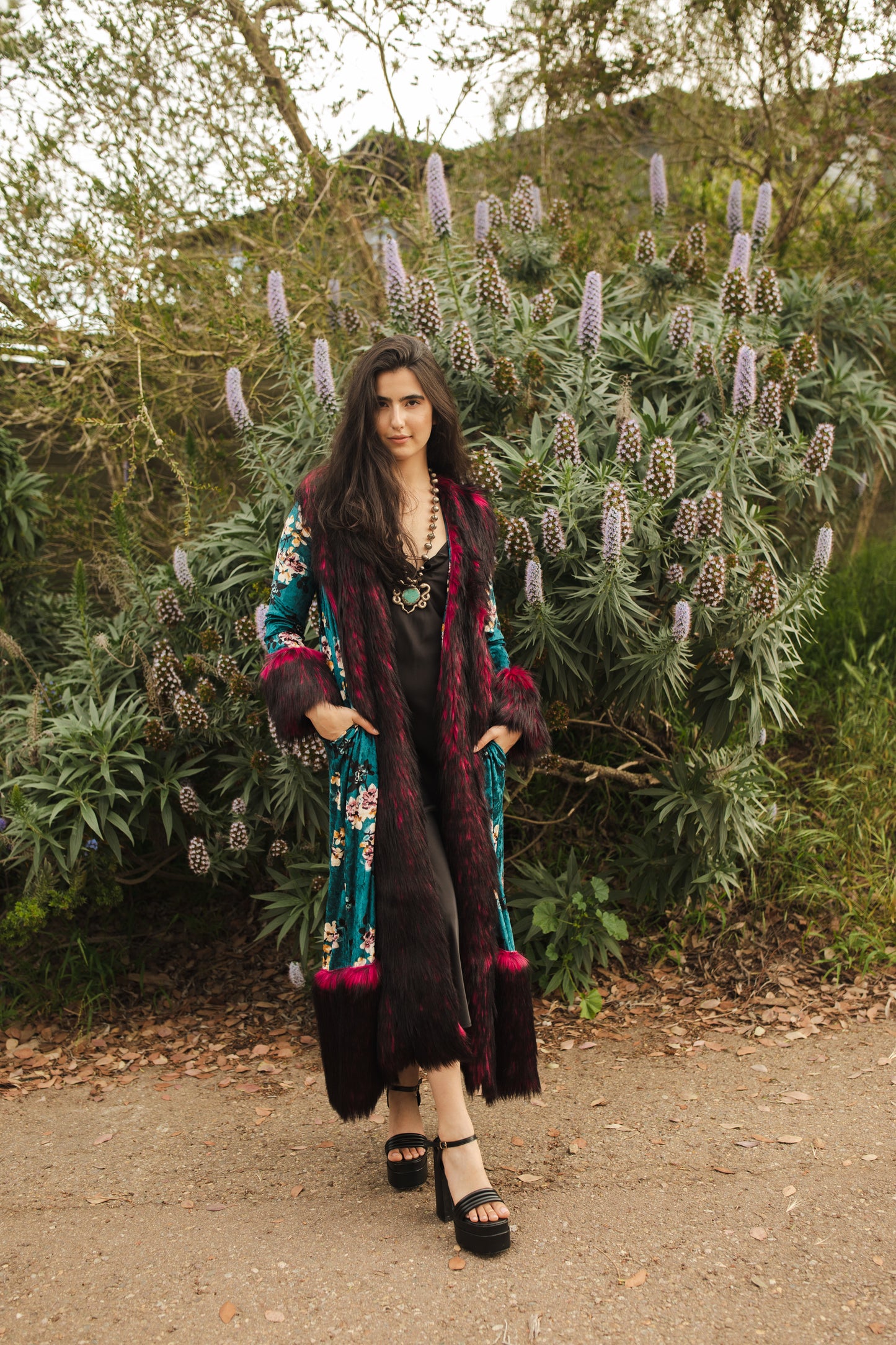 jennafer grace penny deluxe infernal spring faux fur velvet jacket hot pink fuchsia red and black faux fur on teal blue velvet dogwood flowers floral opera coat 1960s 1970s Almost Famous penny lane jacket boho bohemian hippie romantic whimsical unisex handmade in California USA