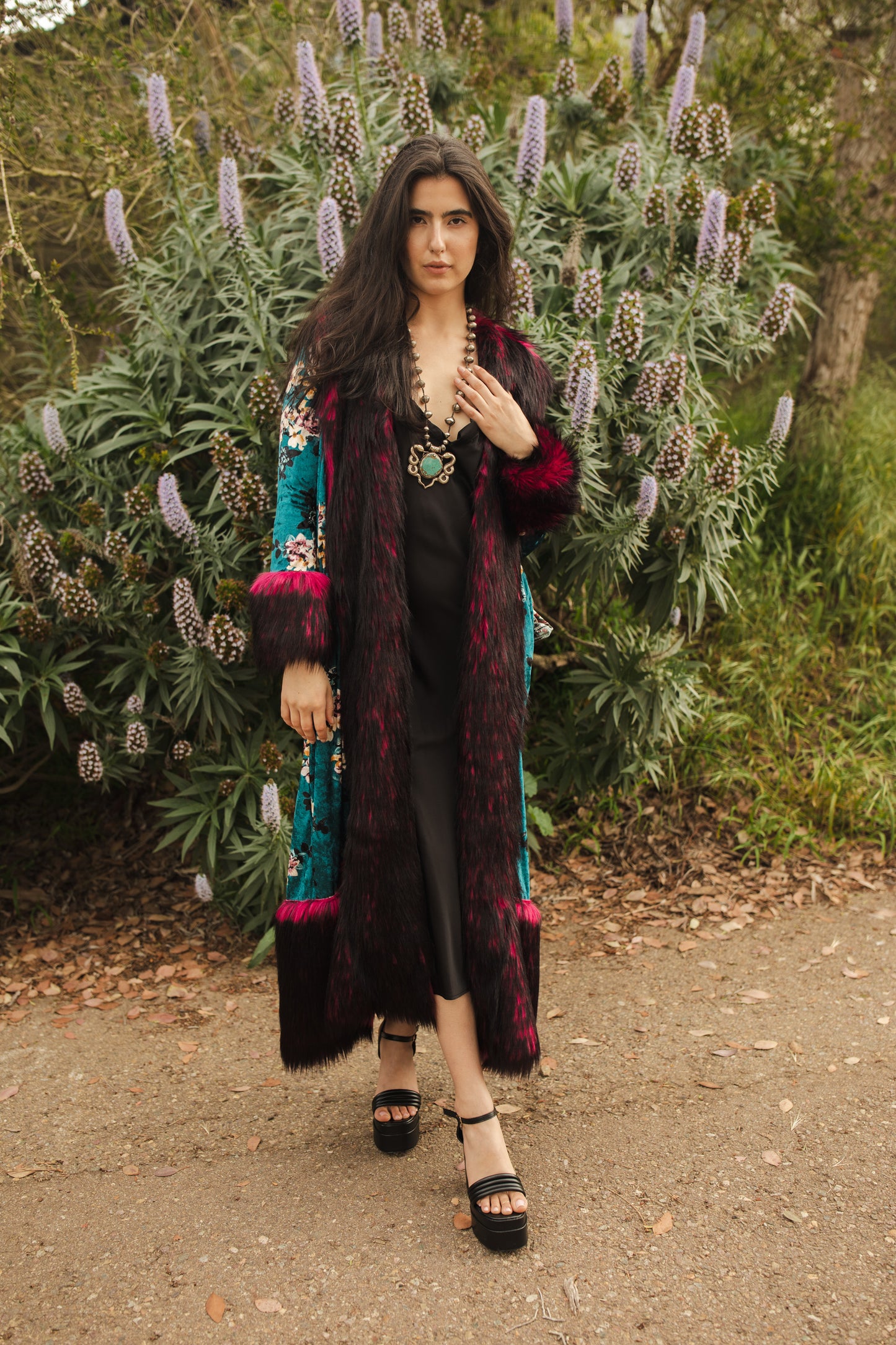 jennafer grace penny deluxe infernal spring faux fur velvet jacket hot pink fuchsia red and black faux fur on teal blue velvet dogwood flowers floral opera coat 1960s 1970s Almost Famous penny lane jacket boho bohemian hippie romantic whimsical unisex handmade in California USA