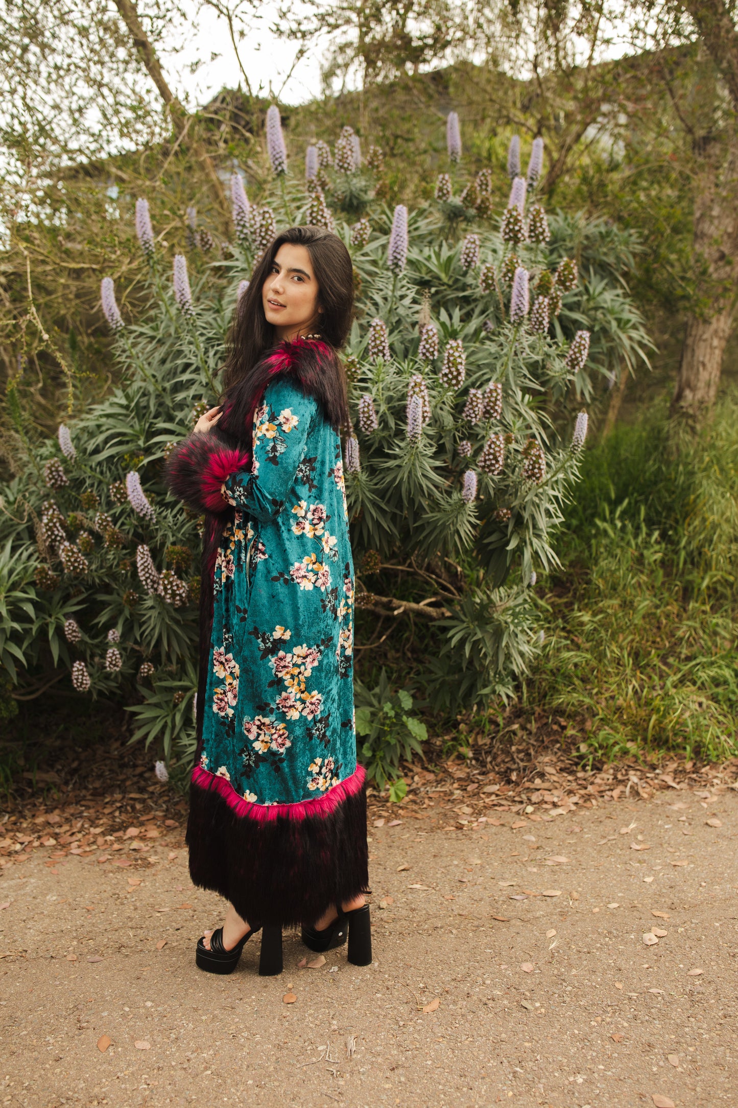 jennafer grace penny deluxe infernal spring faux fur velvet jacket hot pink fuchsia red and black faux fur on teal blue velvet dogwood flowers floral opera coat 1960s 1970s Almost Famous penny lane jacket boho bohemian hippie romantic whimsical unisex handmade in California USA