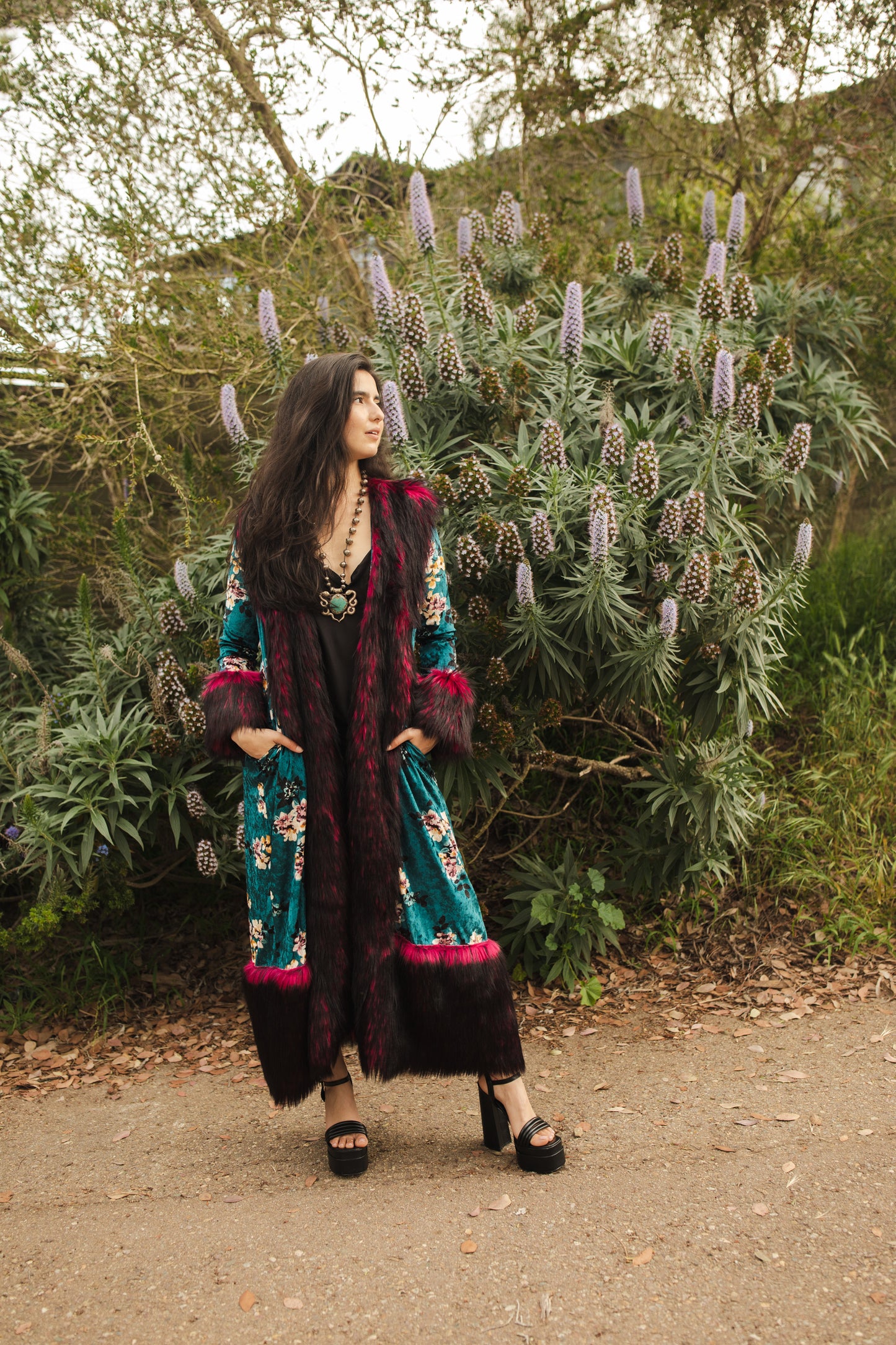jennafer grace penny deluxe infernal spring faux fur velvet jacket hot pink fuchsia red and black faux fur on teal blue velvet dogwood flowers floral opera coat 1960s 1970s Almost Famous penny lane jacket boho bohemian hippie romantic whimsical unisex handmade in California USA