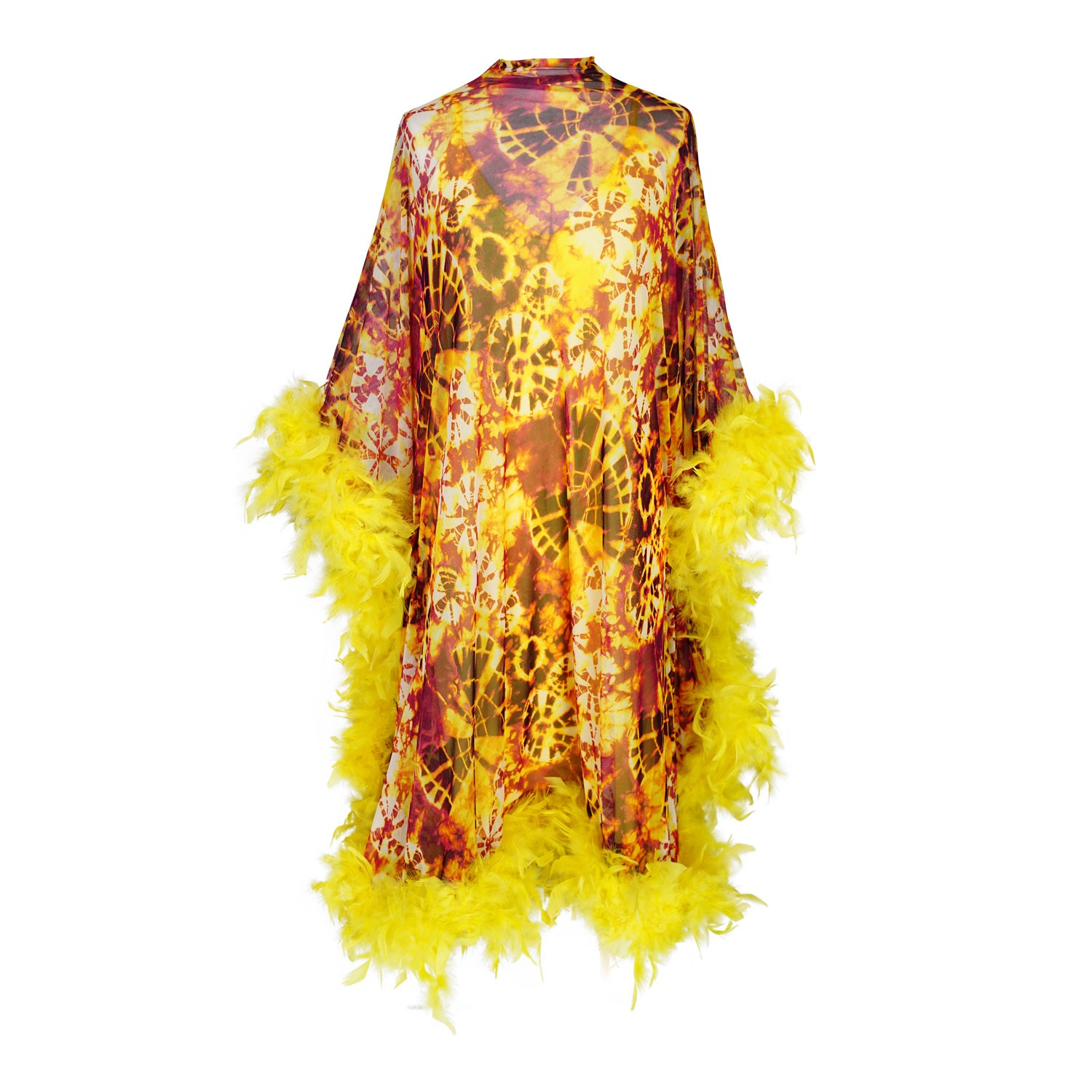 The Intra Dimensiona Mockneck Feather Caftan with slip. A vibrant, fiery abstract print featuring reds and oranges and yellows printed on a semi-sheer, super soft mesh with canary yellow feather border along sleeves and hem. A bohemian dress inspired by Old Hollywood and Palm Springs.