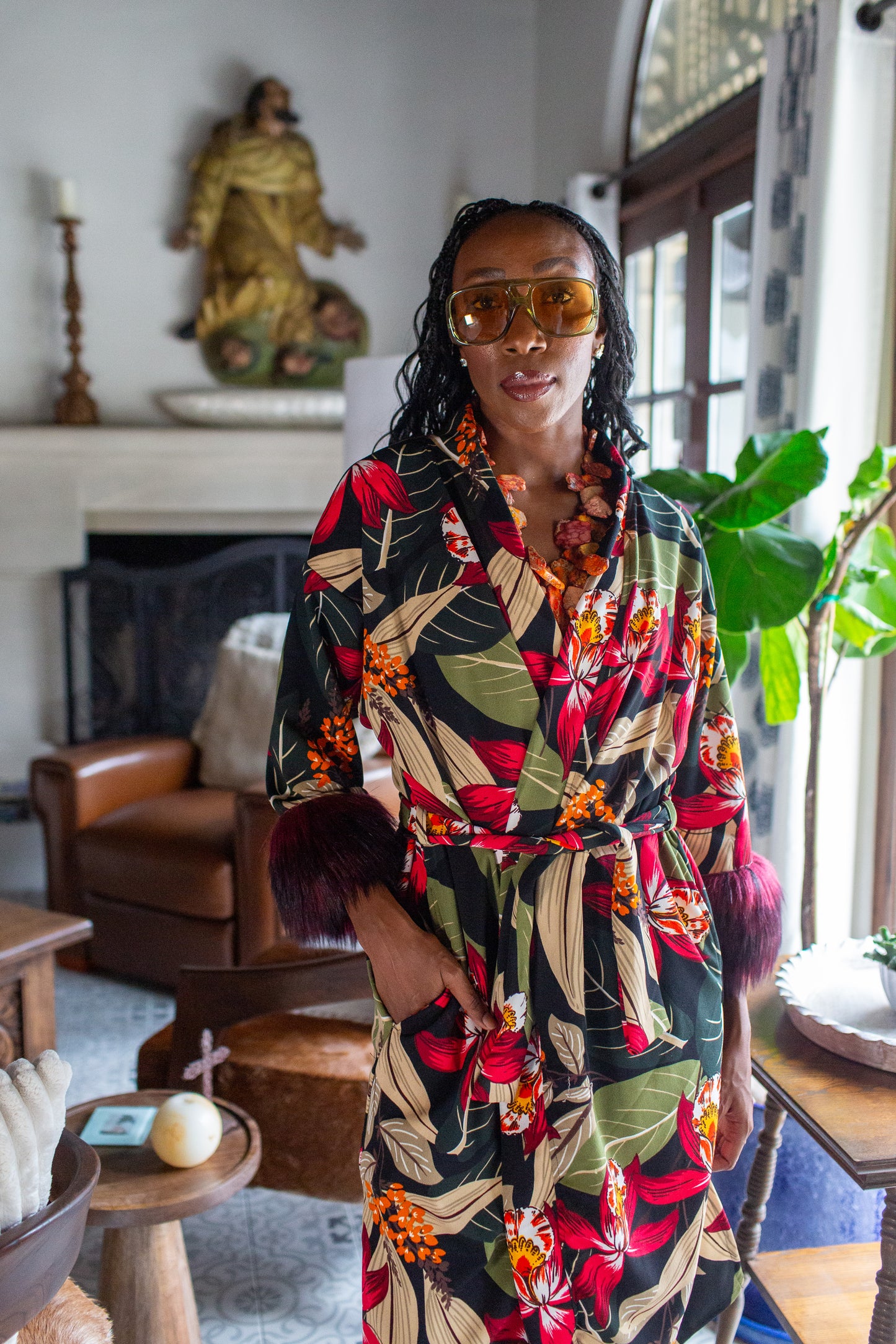 Jardin Nuit Faux Fur Koi Kimono