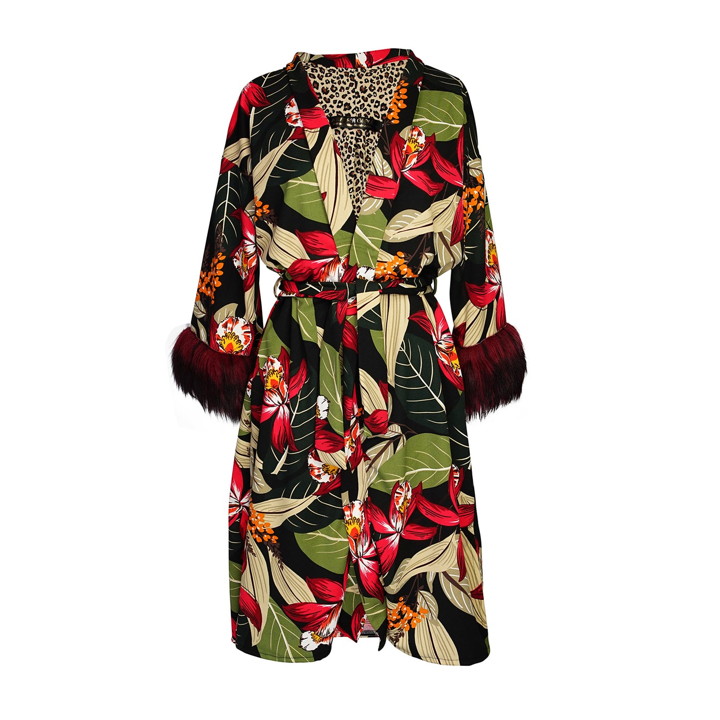 Jennafer Grace Jardin Nuit Faux Fur Koi Kimono red tropical botanical print leopard contrast lining with dark red faux fur cuffs. Duster jacket retro 90s revival with mid length sleeves and knee length hem. Comes with a matching belt to tie around waist. Unisex handmade in California USA