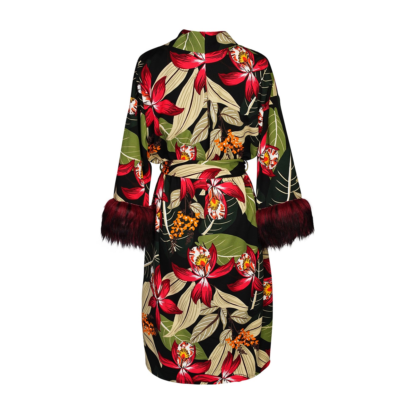 Jennafer Grace Jardin Nuit Faux Fur Koi Kimono red tropical botanical print leopard contrast lining with dark red faux fur cuffs. Duster jacket retro 90s revival with mid length sleeves and knee length hem. Comes with a matching belt to tie around waist. Unisex handmade in California USA