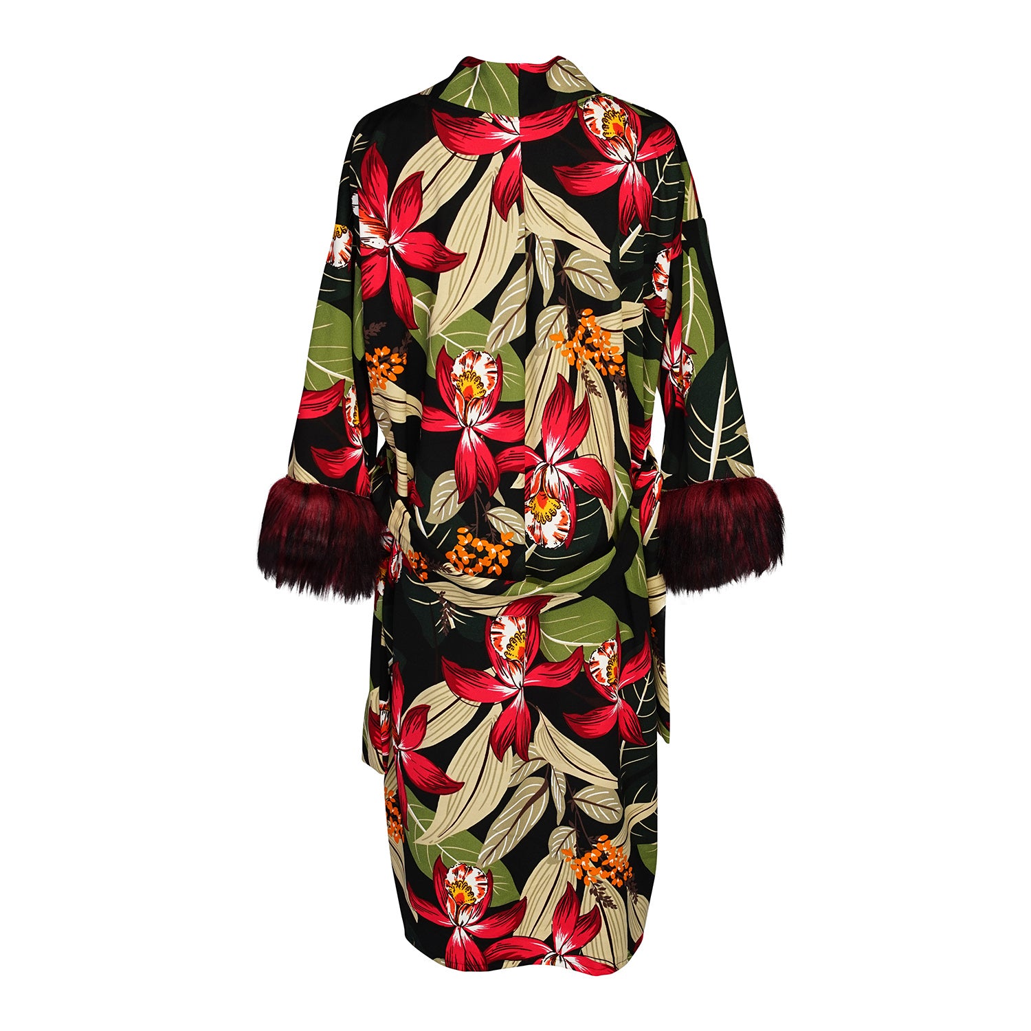 Jennafer Grace Jardin Nuit Faux Fur Koi Kimono red tropical botanical print leopard contrast lining with dark red faux fur cuffs. Duster jacket retro 90s revival with mid length sleeves and knee length hem. Comes with a matching belt to tie around waist. Unisex handmade in California USA