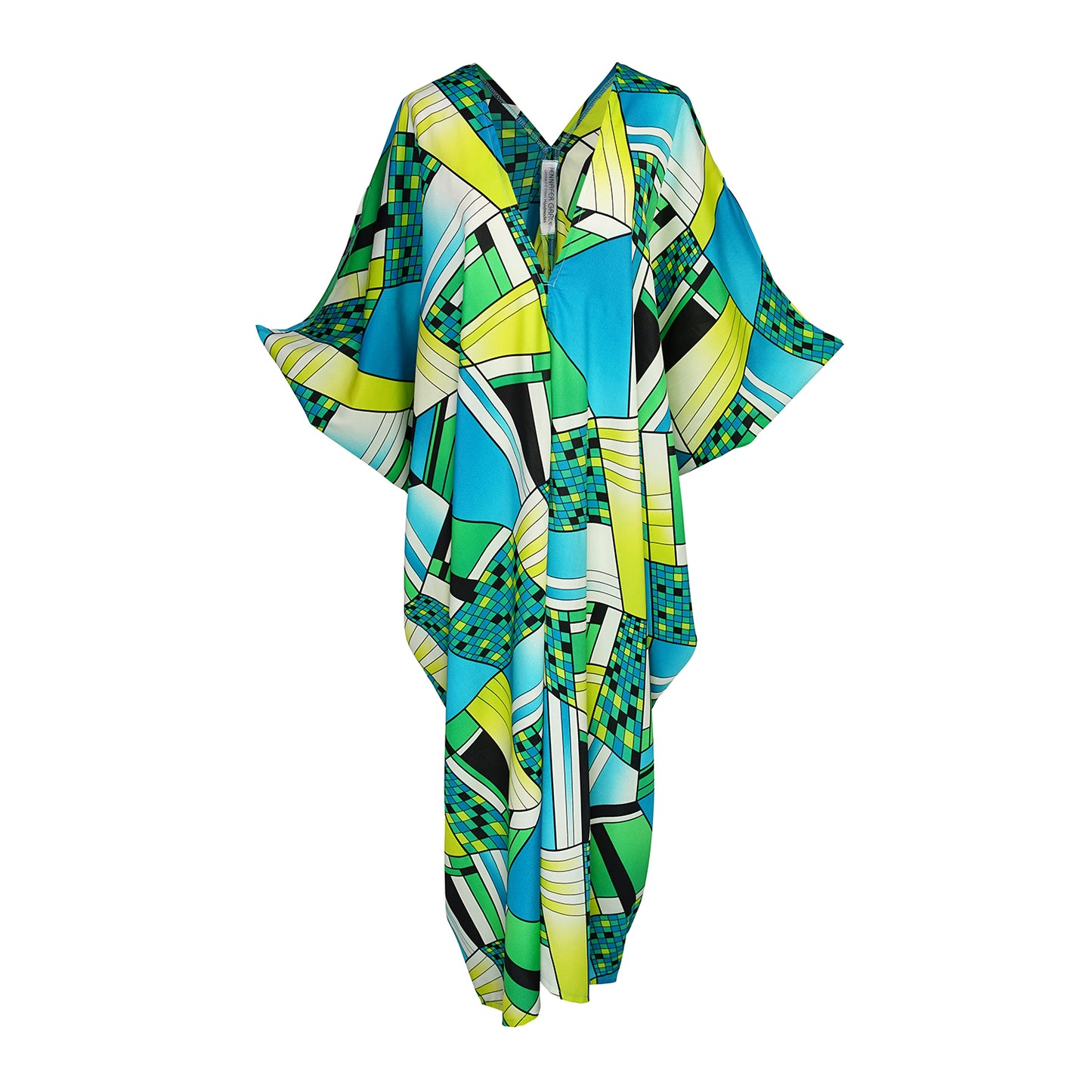 Jennafer Grace caftan in Pucci inspired mosaic print. Featuring an array of blue and green colors, this caftan features a deep v-neck, batwing sleeves, and ankle length hem.
