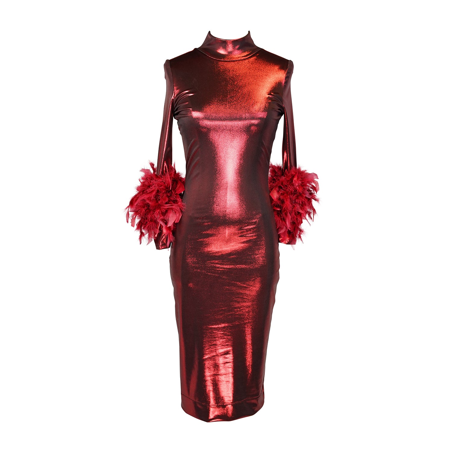 This cherry lamé, bodycon dress accentuates your curves, while the removable feather trim on the sleeves adds a touch of elegance.
