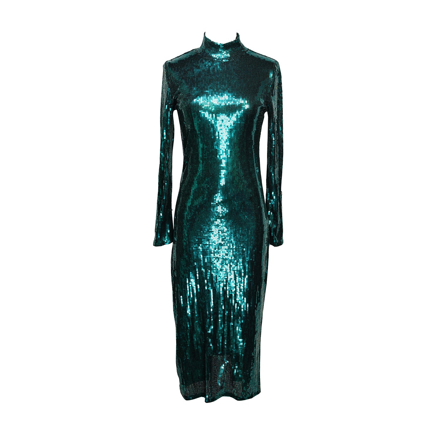 The emerald sequined, bodycon design accentuates your curves, while the removable feather trim on the sleeves adds a touch of elegance.