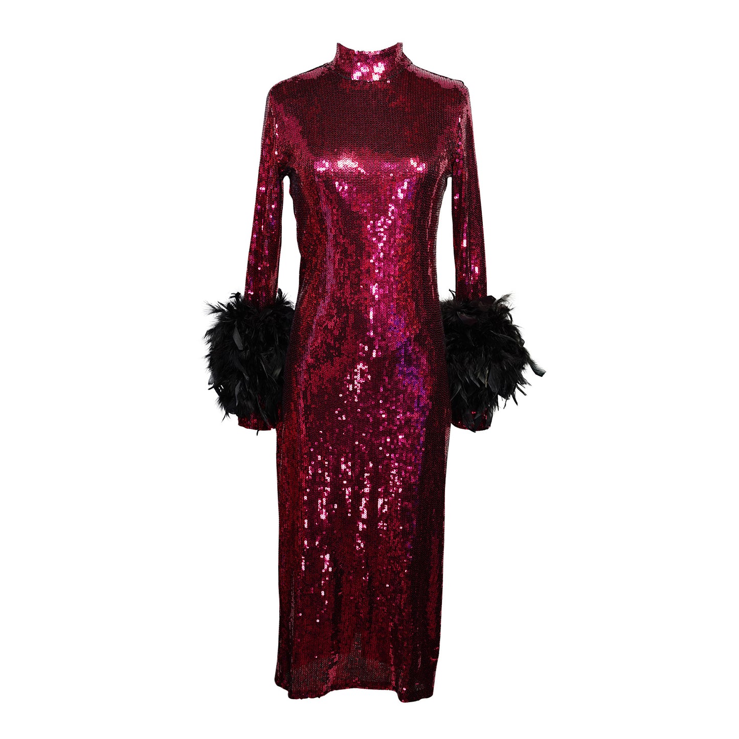 This red sequined, bodycon design accentuates your curves, while the removable feather trim on the sleeves adds a touch of elegance.