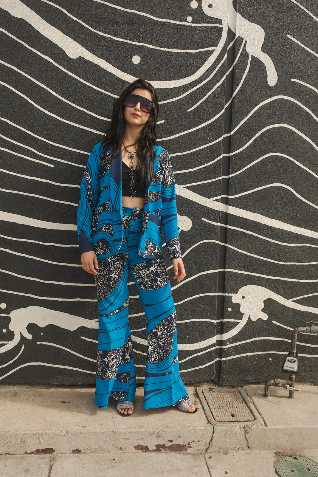 jennafer grace Kelpie Blazer long-sleeve cerulean blue blazer with abstract dark blue and white underwater reef print light jacket nautical marine boho bohemian hippie romantic whimsical unisex handmade in California USA