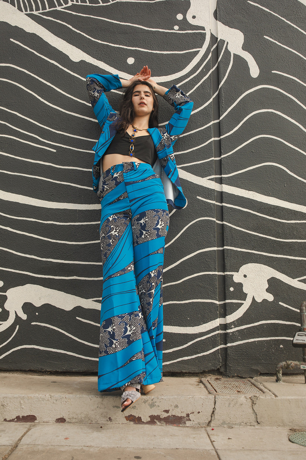 jennafer grace Kelpie Blazer long-sleeve cerulean blue blazer with abstract dark blue and white underwater reef print light jacket nautical marine boho bohemian hippie romantic whimsical unisex handmade in California USA