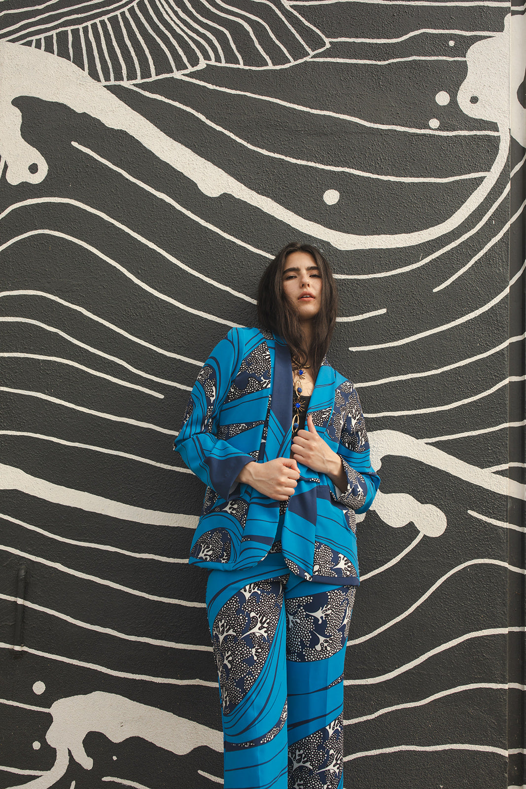 jennafer grace Kelpie Blazer long-sleeve cerulean blue blazer with abstract dark blue and white underwater reef print light jacket nautical marine boho bohemian hippie romantic whimsical unisex handmade in California USA