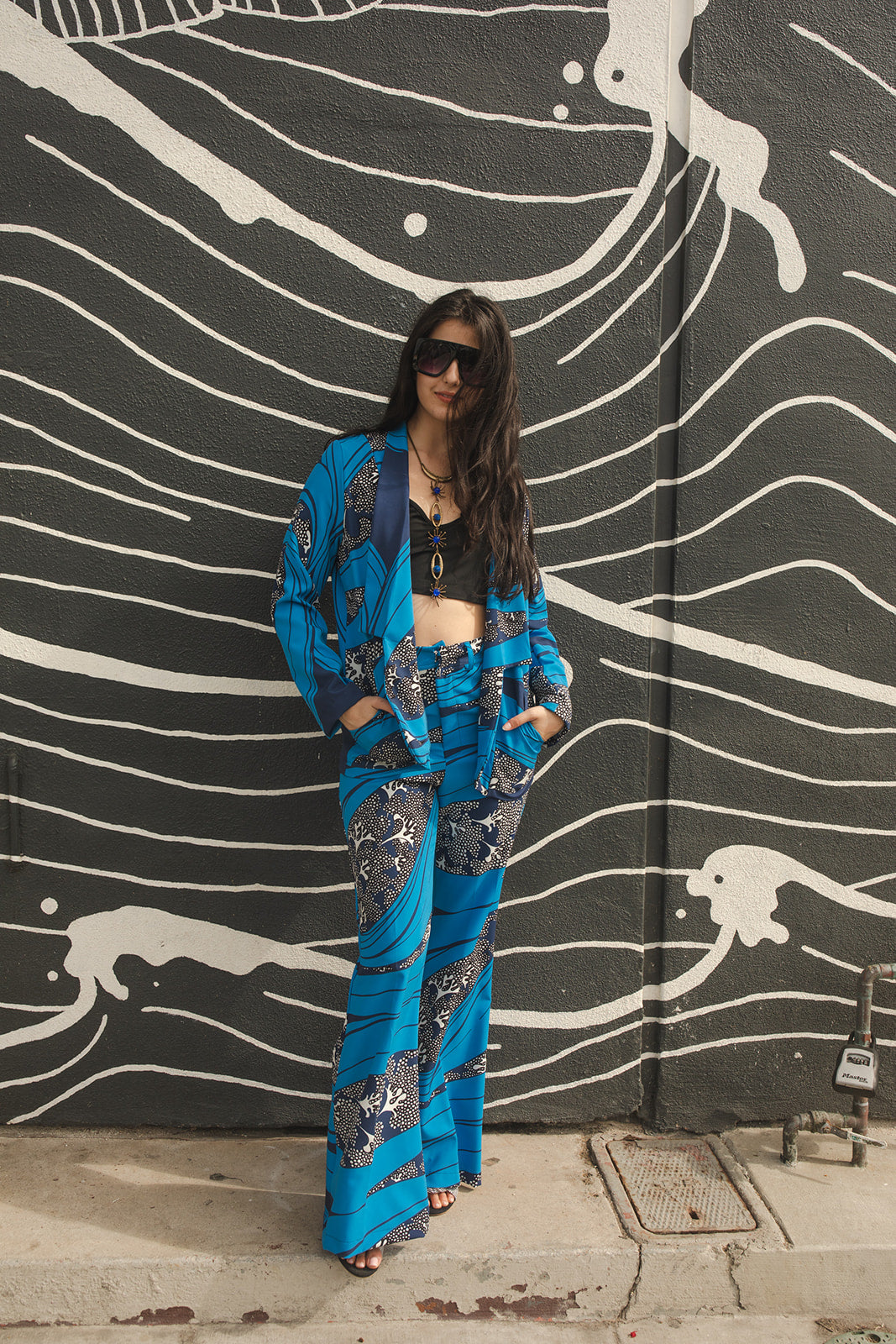 jennafer grace Kelpie Blazer long-sleeve cerulean blue blazer with abstract dark blue and white underwater reef print light jacket nautical marine boho bohemian hippie romantic whimsical unisex handmade in California USA