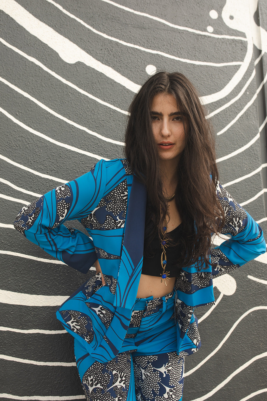 jennafer grace Kelpie Blazer long-sleeve cerulean blue blazer with abstract dark blue and white underwater reef print light jacket nautical marine boho bohemian hippie romantic whimsical unisex handmade in California USA