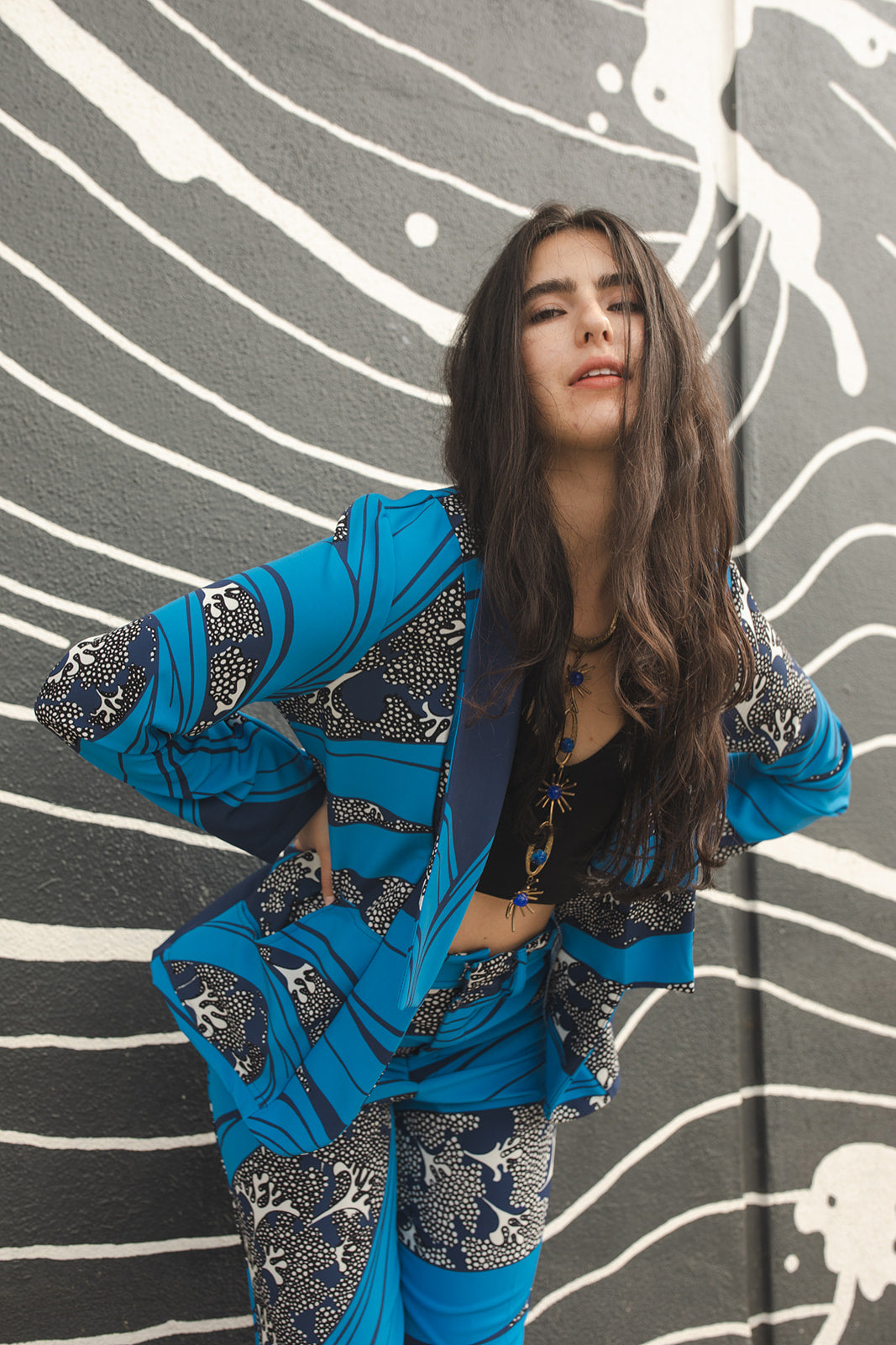 jennafer grace Kelpie Bellbottoms cerulean blue flared palazzo bellbottom with abstract dark blue white underwater reef print nautical marine beach boho bohemian hippie romantic whimsical unisex handmade in California USA