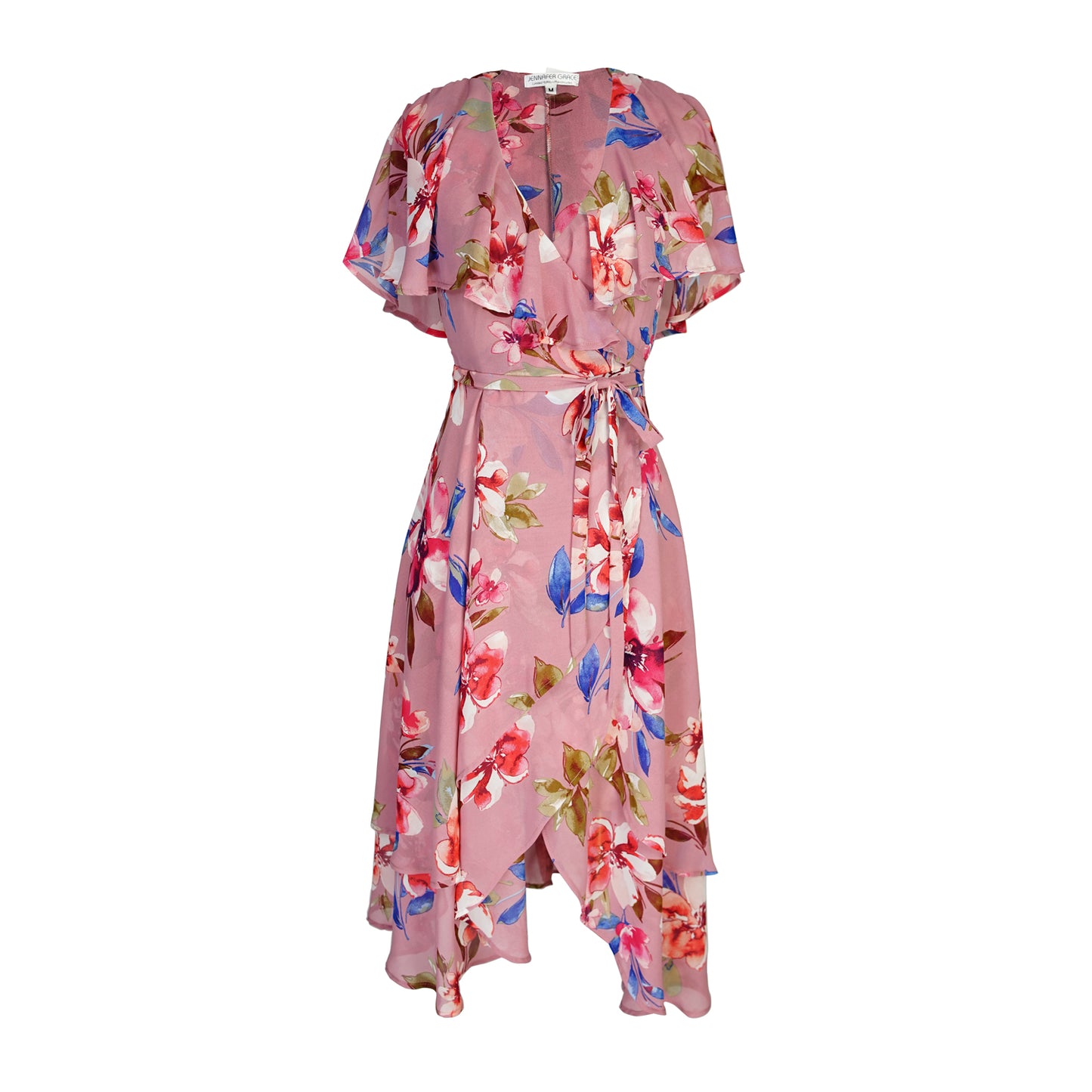 jennafer grace Lanie Flutter Wrap Dress dusty rose mauve pink floral blue white green flower print v-neck cinched waist midi dress boho bohemian hippie romantic whimsical handmade in California USA