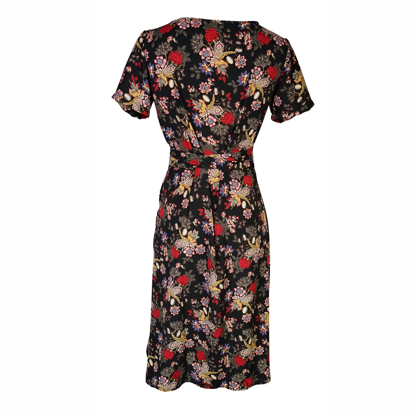 Short-sleeve, v-neck wrap dress. Midi in length, with black base with multicolor vintage-inspired botanical floral flower print. Bohemian summer dress in style.