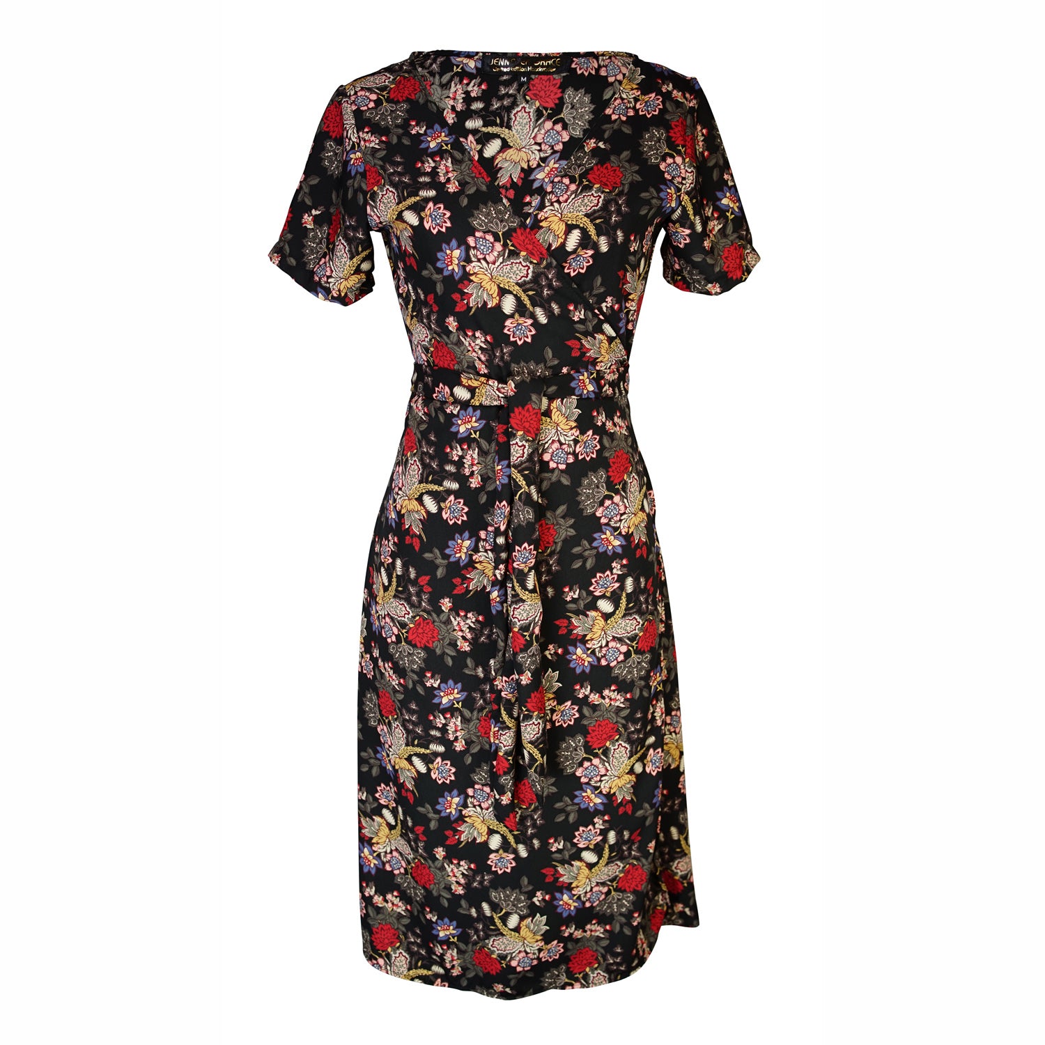 Short-sleeve, v-neck wrap dress. Midi in length, with black base with multicolor vintage-inspired botanical floral flower print. Bohemian summer dress in style.