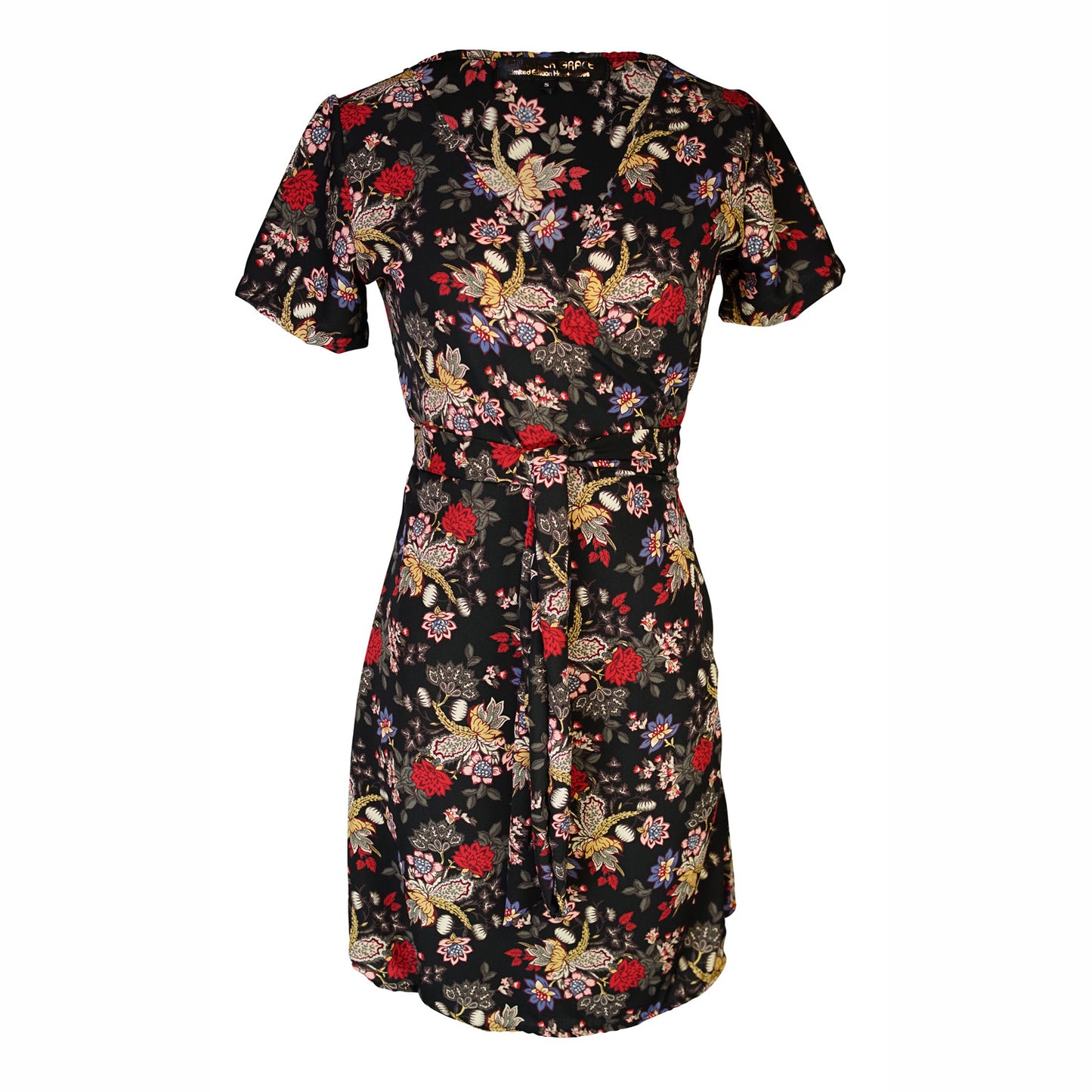 Short-sleeve, v-neck wrap dress. Mini in length, with black base with multicolor vintage-inspired botanical floral flower print. Bohemian summer dress in style.