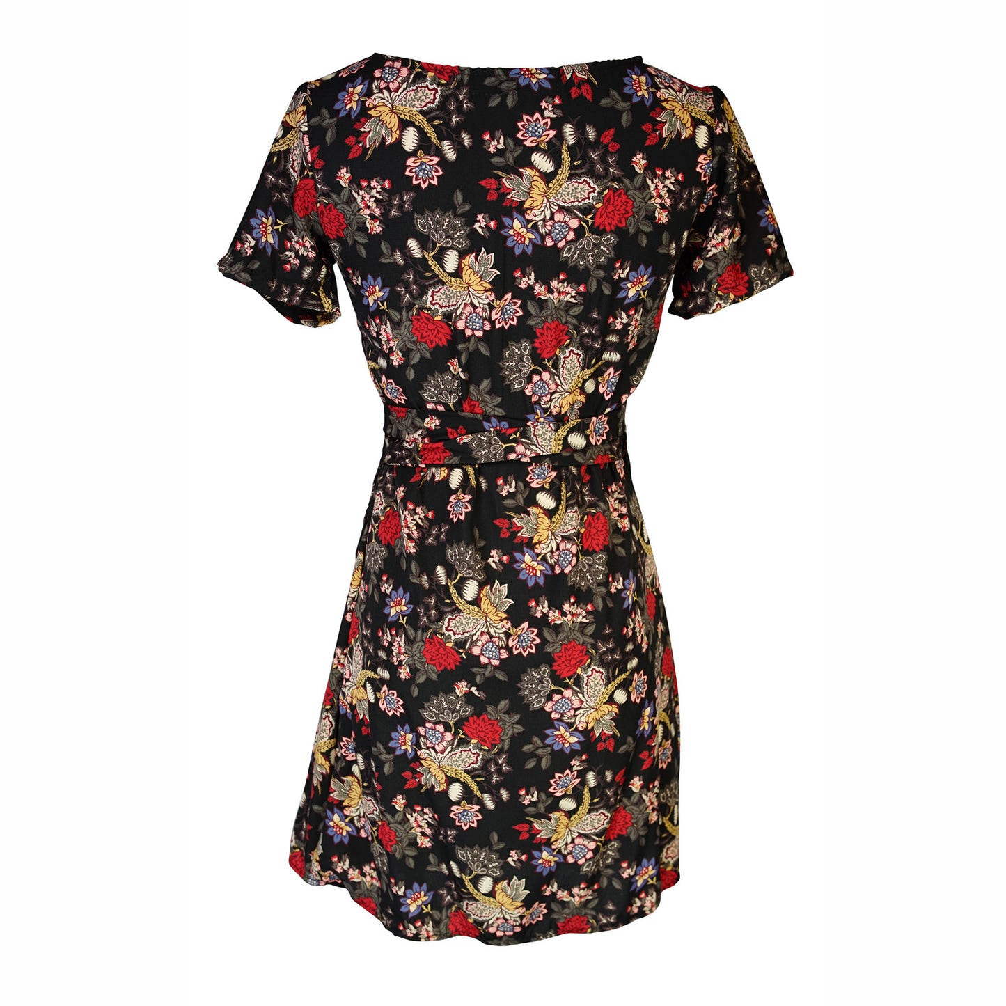 Short-sleeve, v-neck wrap dress. Mini in length, with black base with multicolor vintage-inspired botanical floral flower print. Bohemian summer dress in style.