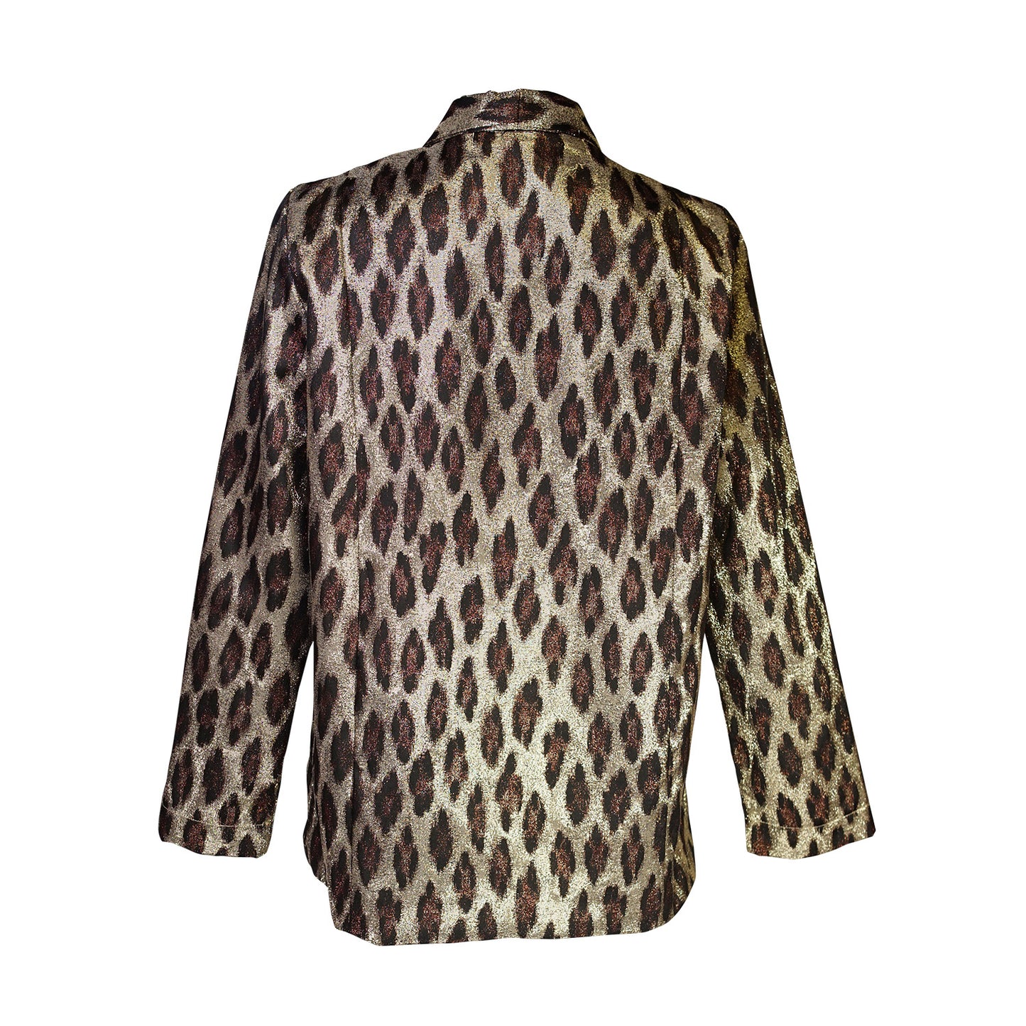 jennafer grace Leopard Shimmer Shawl Collar Blazer metallic gold with brown black leopard animal print boho bohemian hippie romantic whimsical unisex handmade in California USA